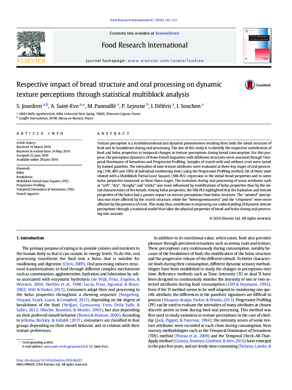 Respective impact of bread structure and oral processing on dynamic texture perceptions through statistical multiblock analysis