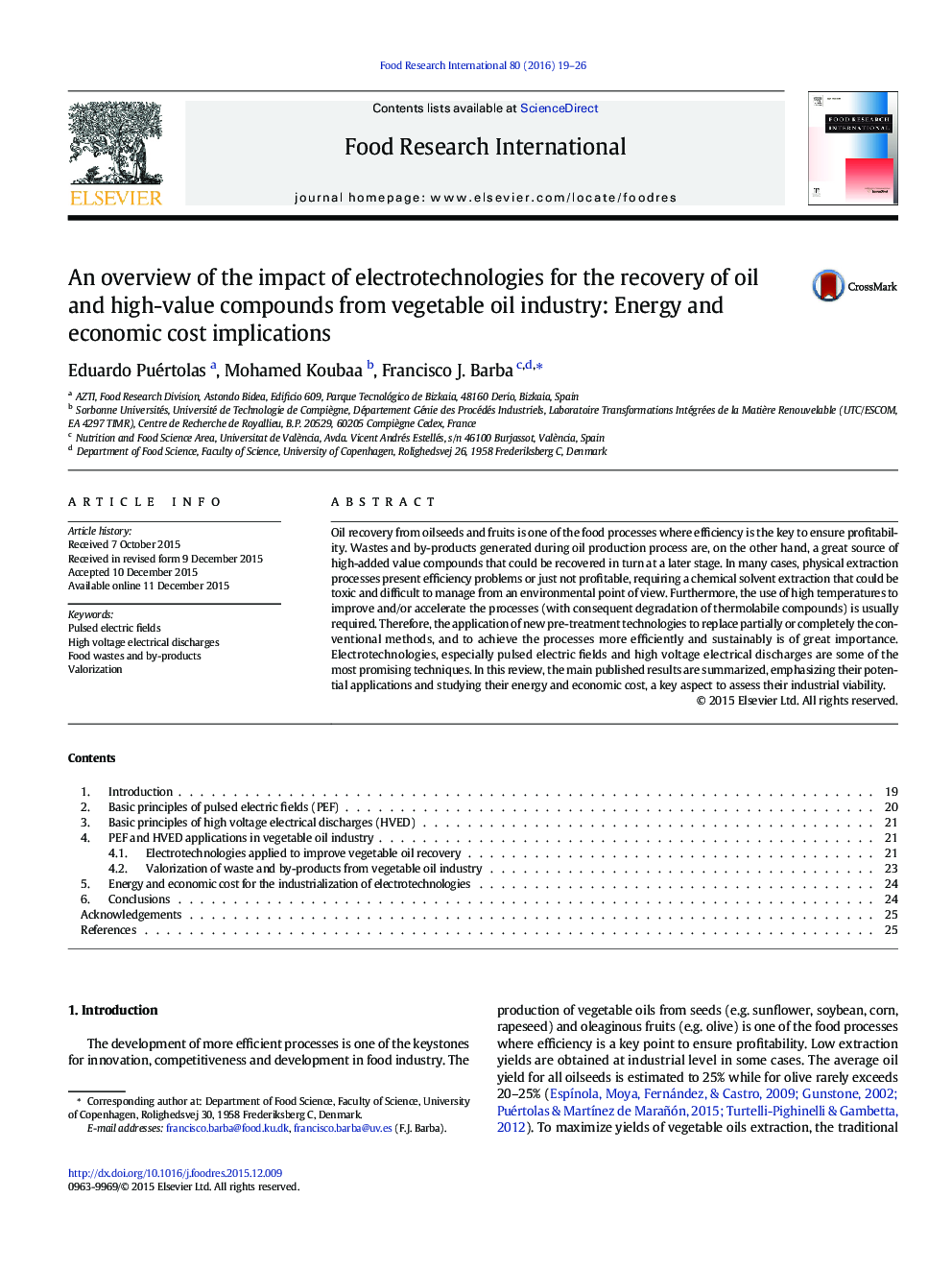 An overview of the impact of electrotechnologies for the recovery of oil and high-value compounds from vegetable oil industry: Energy and economic cost implications