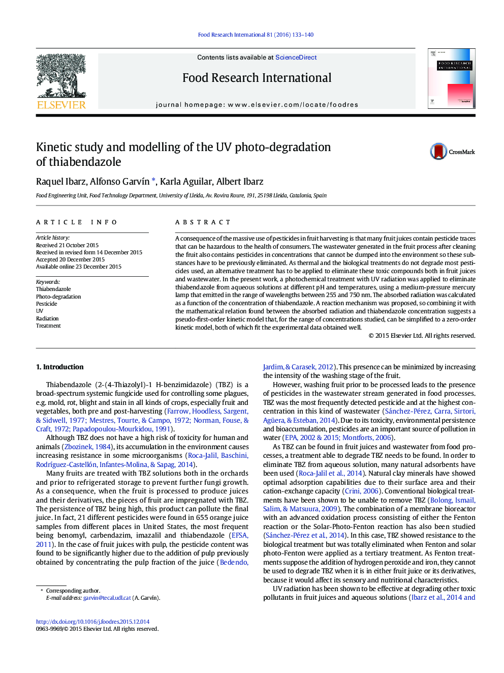 Kinetic study and modelling of the UV photo-degradation of thiabendazole