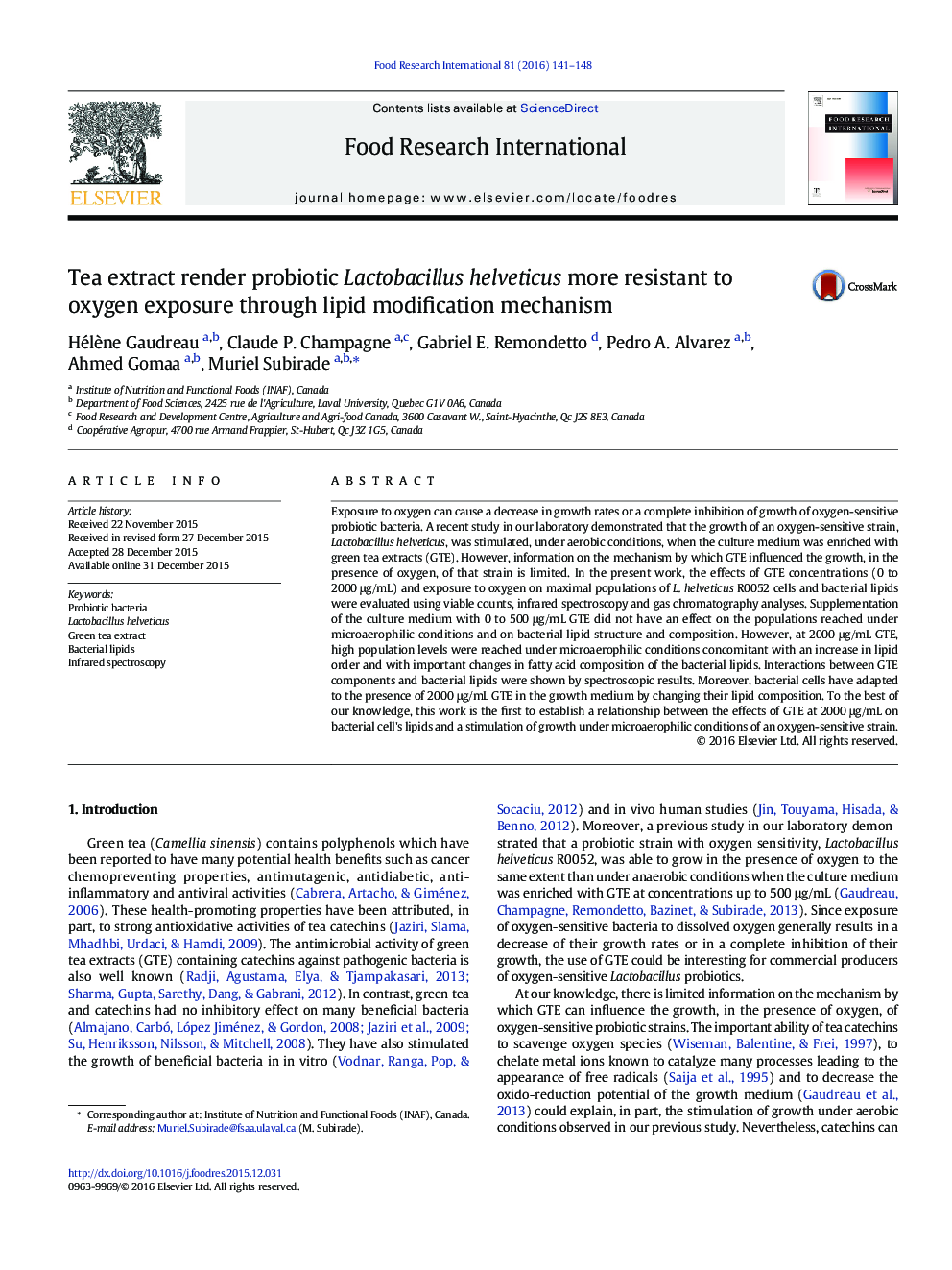 Tea extract render probiotic Lactobacillus helveticus more resistant to oxygen exposure through lipid modification mechanism