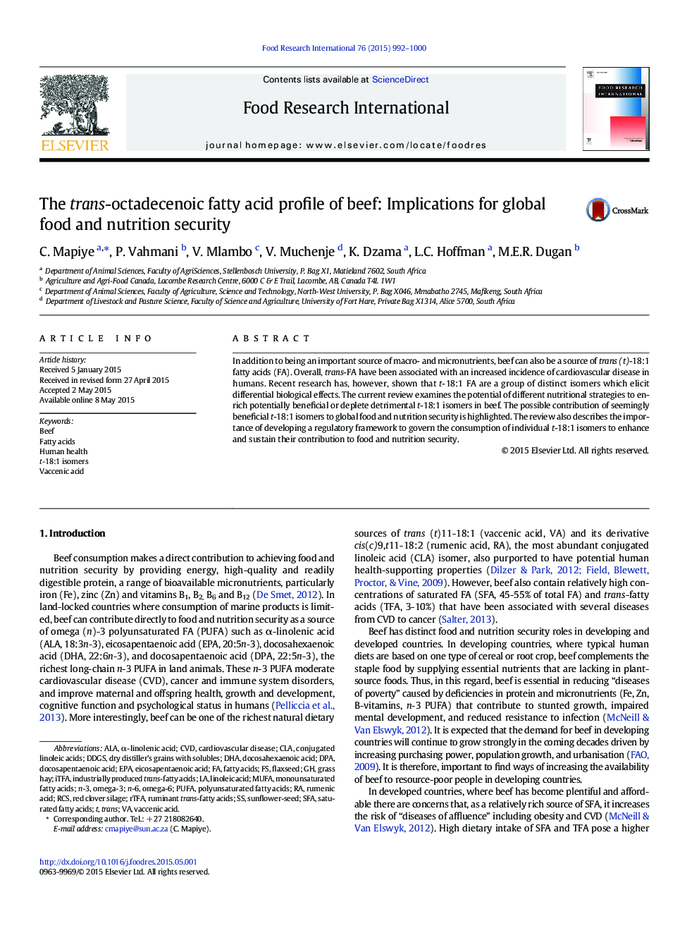 The trans-octadecenoic fatty acid profile of beef: Implications for global food and nutrition security