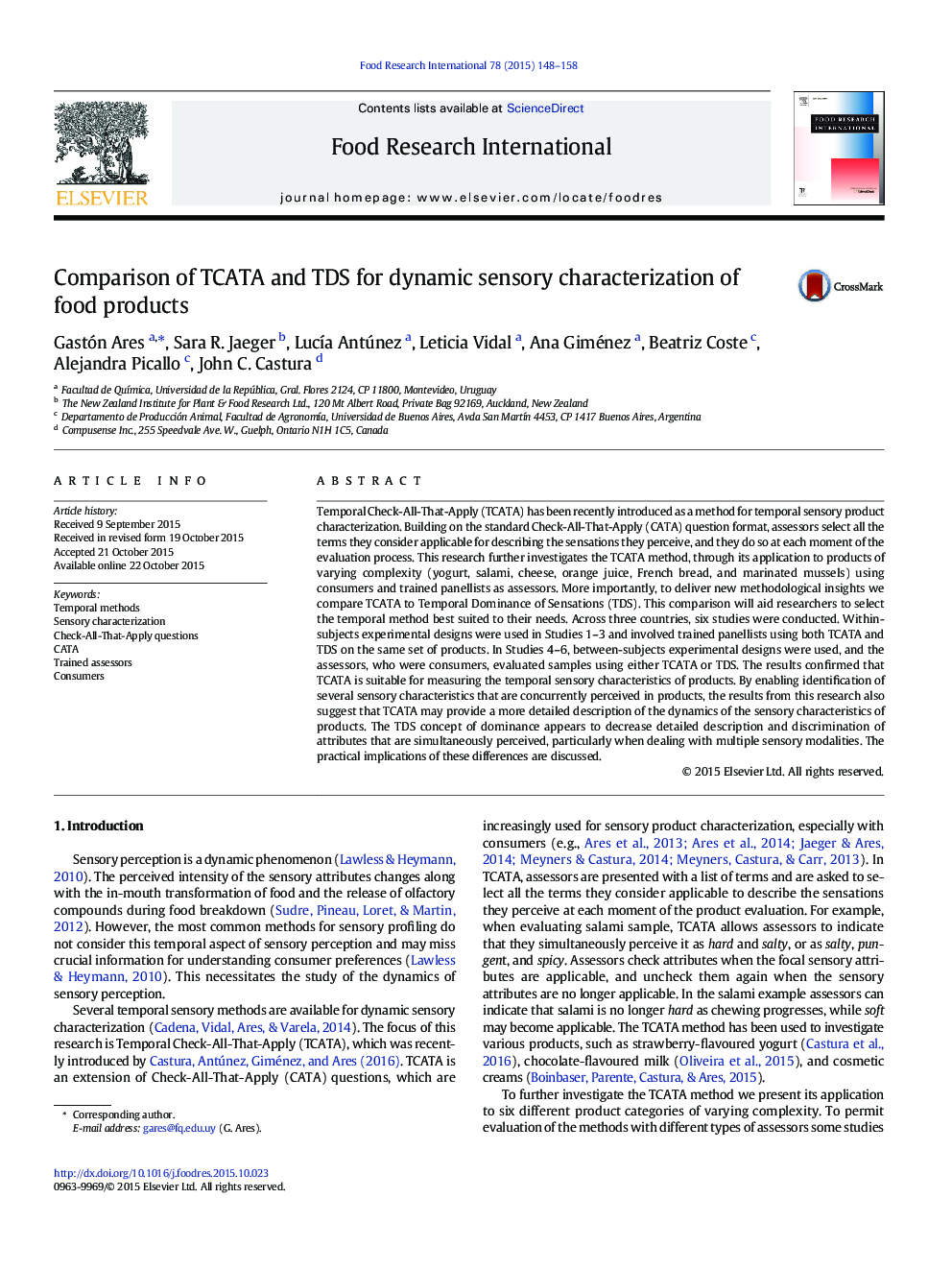 Comparison of TCATA and TDS for dynamic sensory characterization of food products