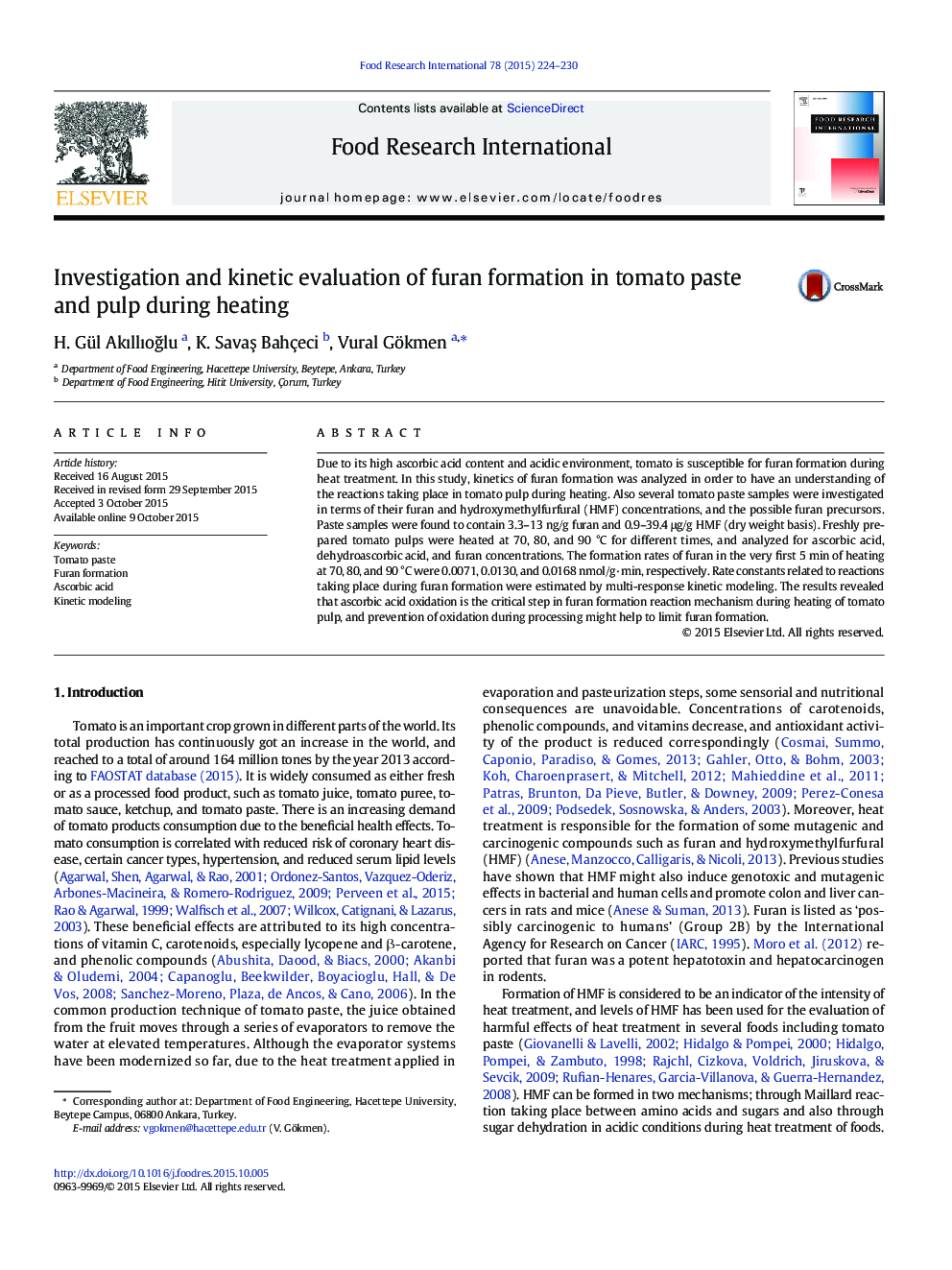 Investigation and kinetic evaluation of furan formation in tomato paste and pulp during heating