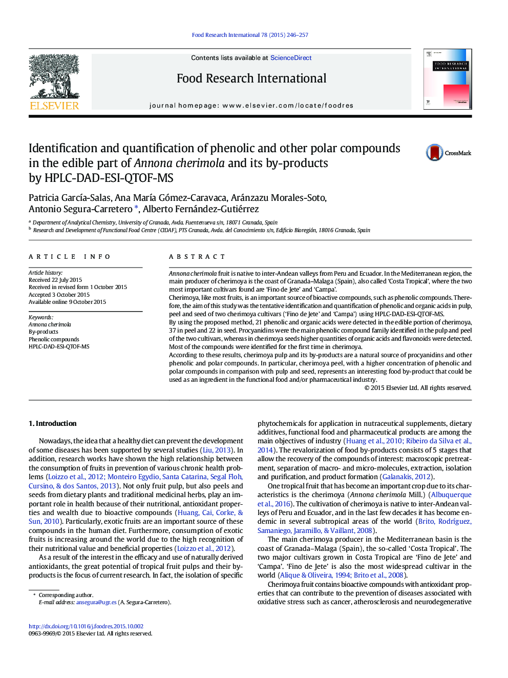 Identification and quantification of phenolic and other polar compounds in the edible part of Annona cherimola and its by-products by HPLC-DAD-ESI-QTOF-MS