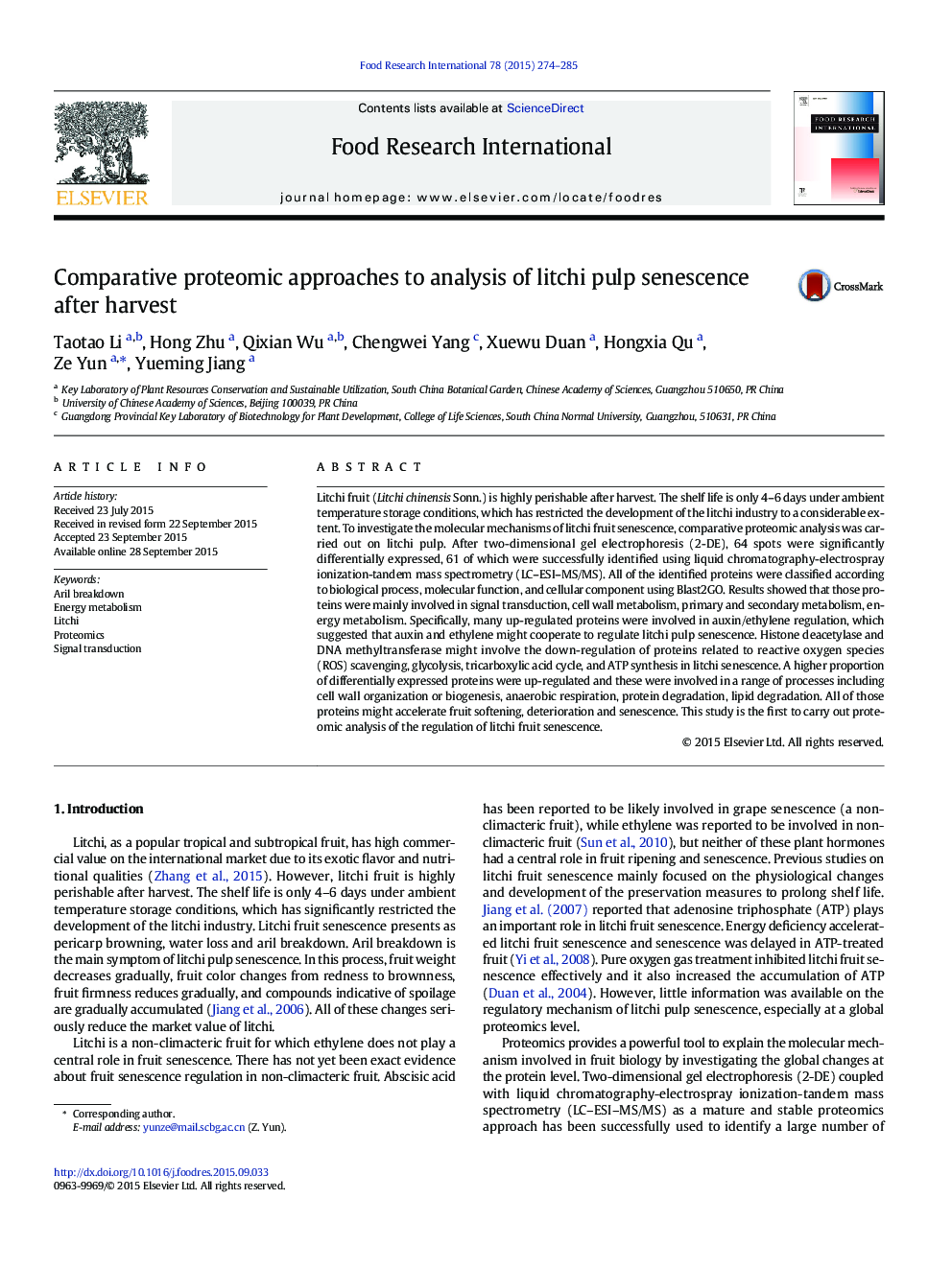 Comparative proteomic approaches to analysis of litchi pulp senescence after harvest