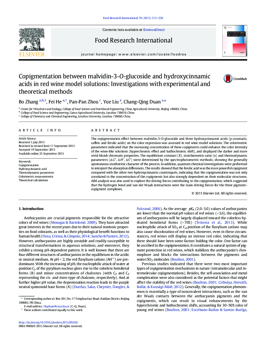 Copigmentation between malvidin-3-O-glucoside and hydroxycinnamic acids in red wine model solutions: Investigations with experimental and theoretical methods