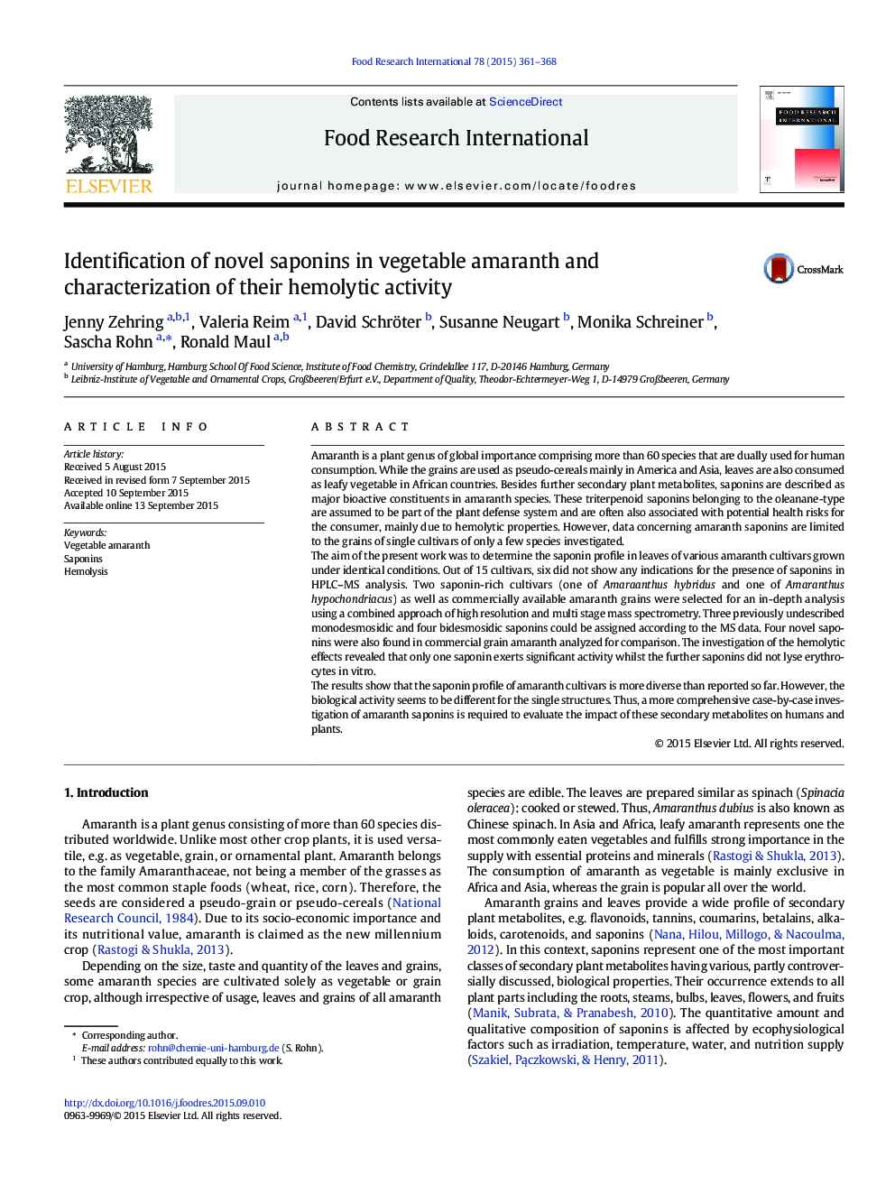 Identification of novel saponins in vegetable amaranth and characterization of their hemolytic activity