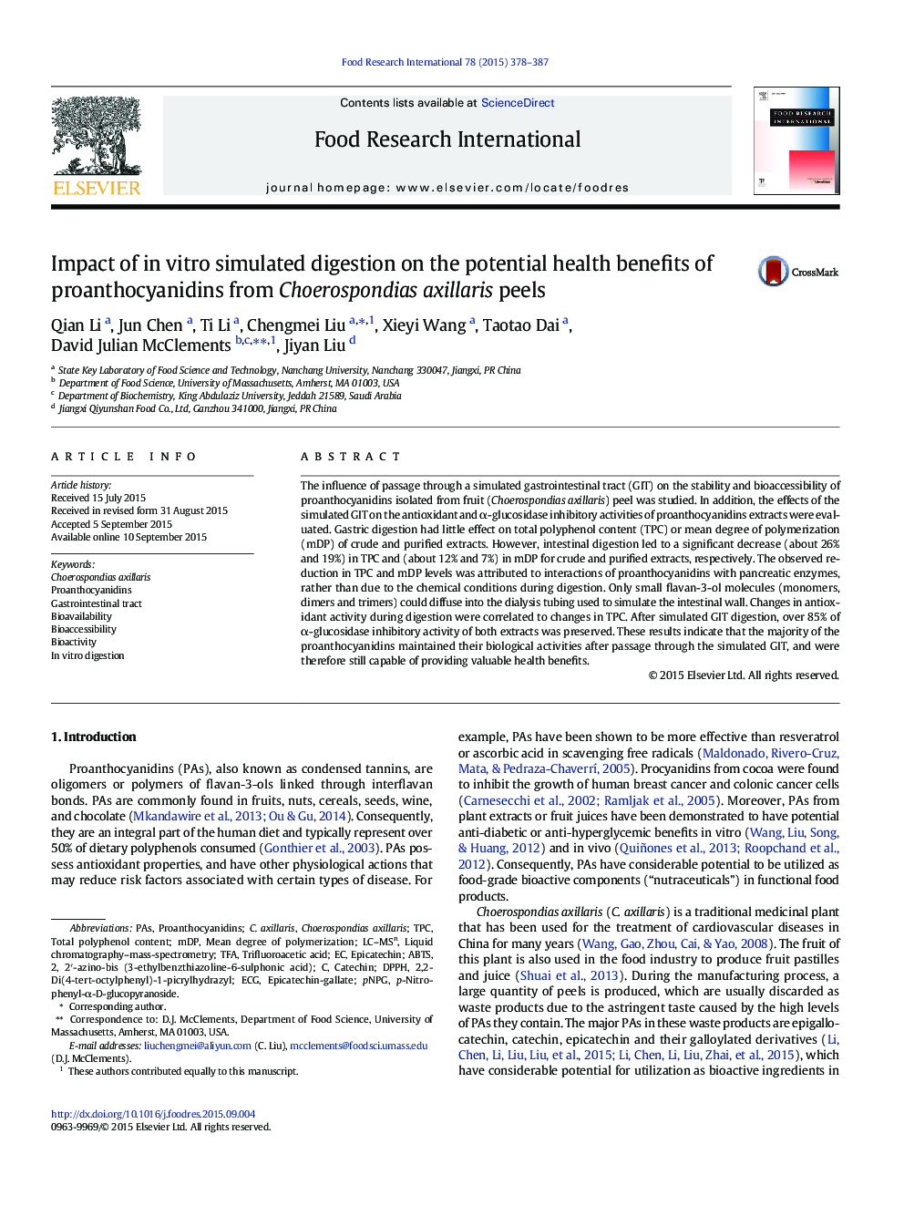 Impact of in vitro simulated digestion on the potential health benefits of proanthocyanidins from Choerospondias axillaris peels