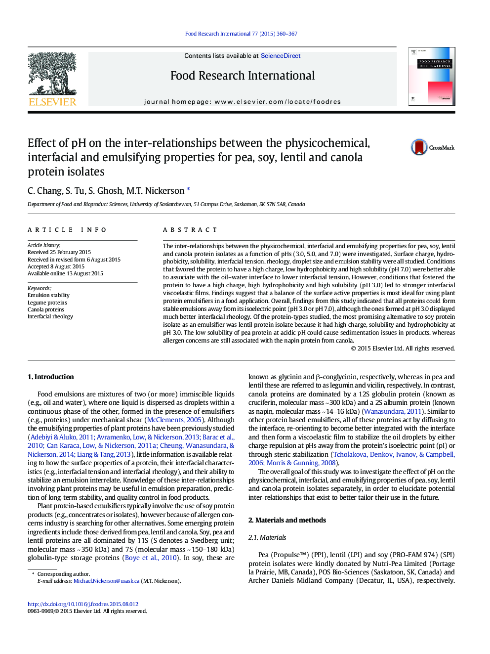 Effect of pH on the inter-relationships between the physicochemical, interfacial and emulsifying properties for pea, soy, lentil and canola protein isolates