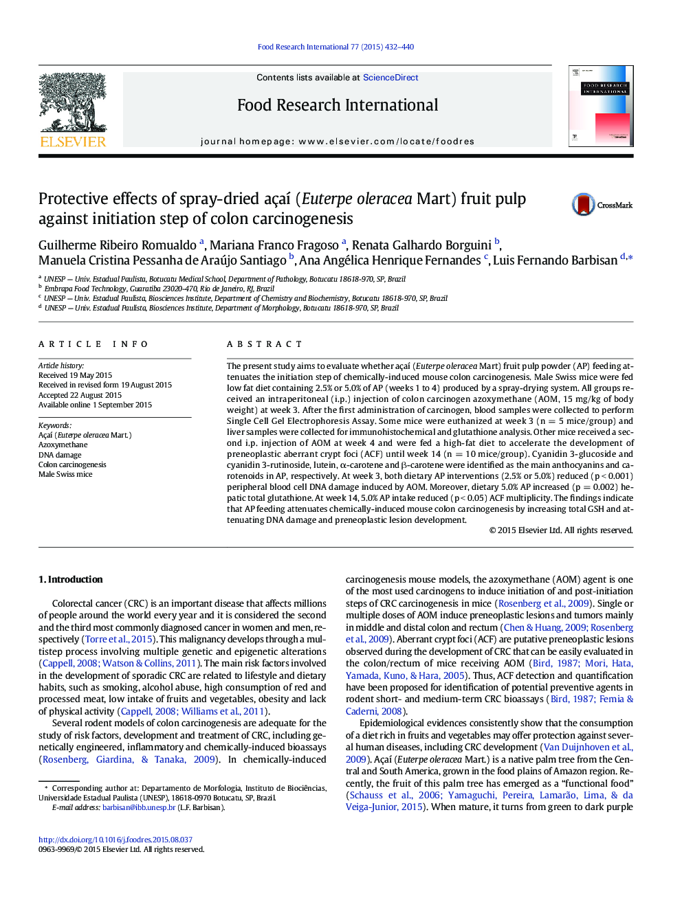 Protective effects of spray-dried açaí (Euterpe oleracea Mart) fruit pulp against initiation step of colon carcinogenesis