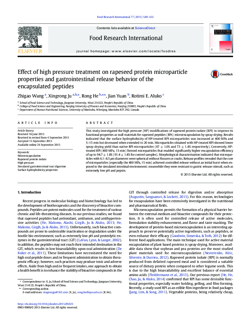 Effect of high pressure treatment on rapeseed protein microparticle properties and gastrointestinal release behavior of the encapsulated peptides