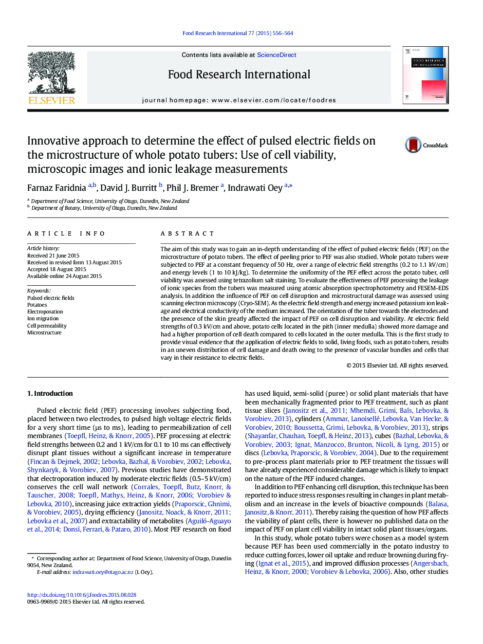 Innovative approach to determine the effect of pulsed electric fields on the microstructure of whole potato tubers: Use of cell viability, microscopic images and ionic leakage measurements