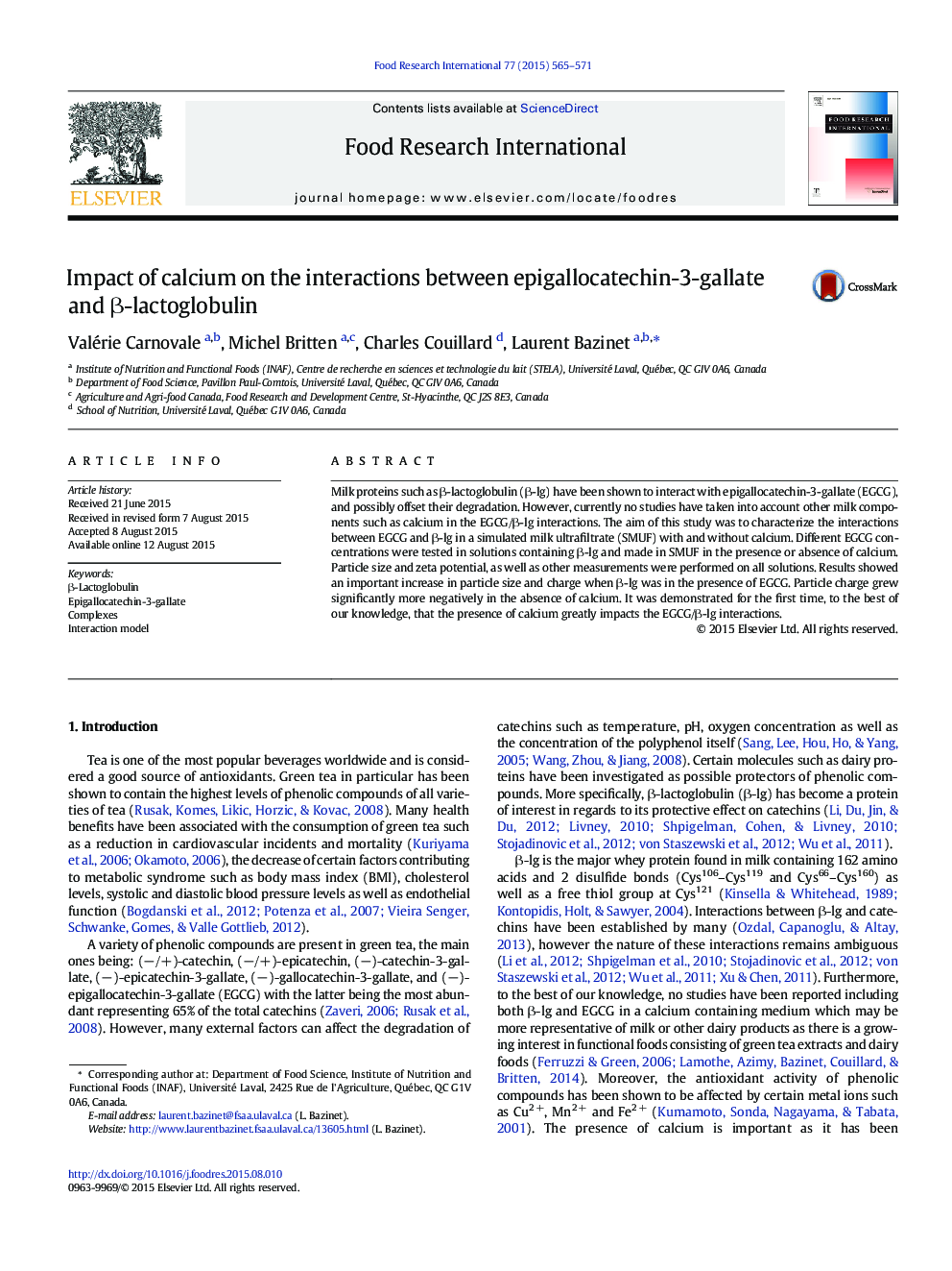 Impact of calcium on the interactions between epigallocatechin-3-gallate and β-lactoglobulin