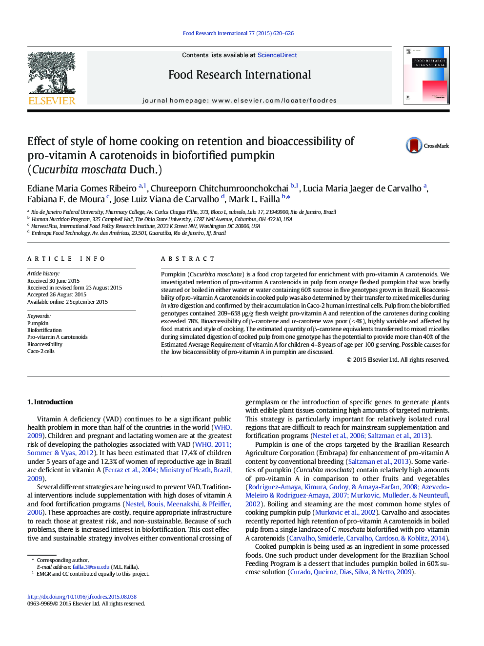 Effect of style of home cooking on retention and bioaccessibility of pro-vitamin A carotenoids in biofortified pumpkin (Cucurbita moschata Duch.)