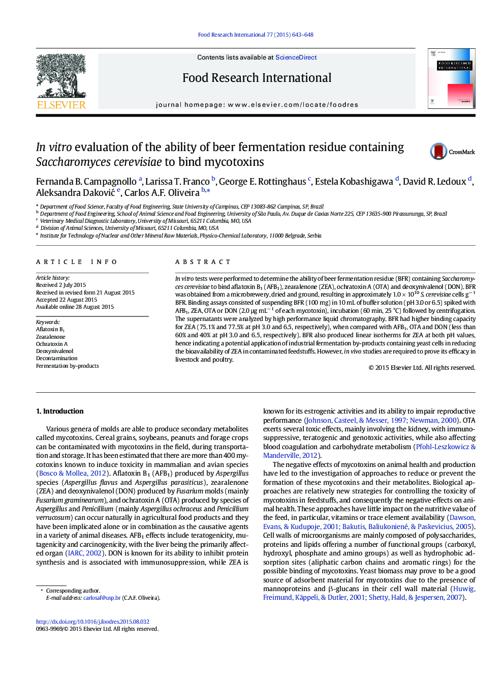 In vitro evaluation of the ability of beer fermentation residue containing Saccharomyces cerevisiae to bind mycotoxins