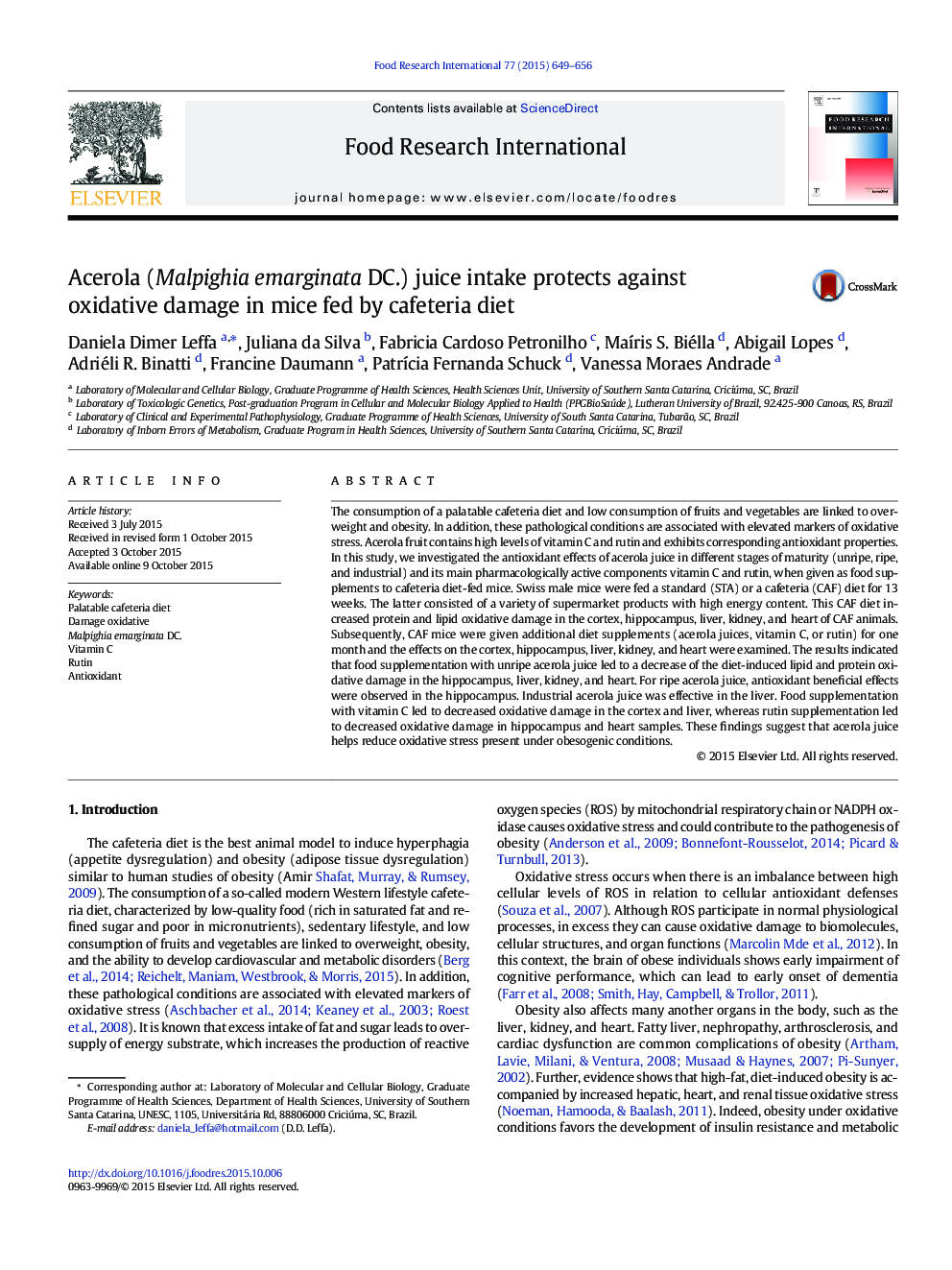 Acerola (Malpighia emarginata DC.) juice intake protects against oxidative damage in mice fed by cafeteria diet