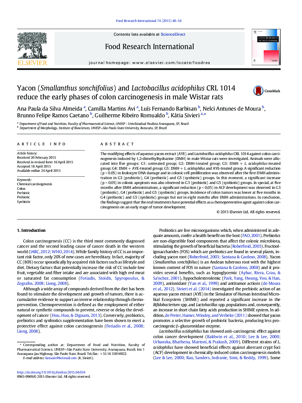 Yacon (Smallanthus sonchifolius) and Lactobacillus acidophilus CRL 1014 reduce the early phases of colon carcinogenesis in male Wistar rats