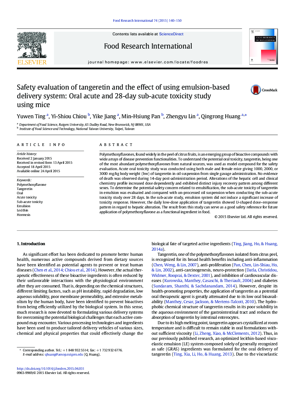 Safety evaluation of tangeretin and the effect of using emulsion-based delivery system: Oral acute and 28-day sub-acute toxicity study using mice