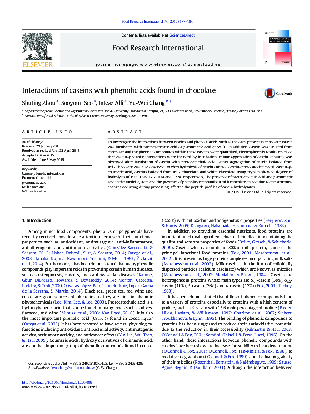 Interactions of caseins with phenolic acids found in chocolate