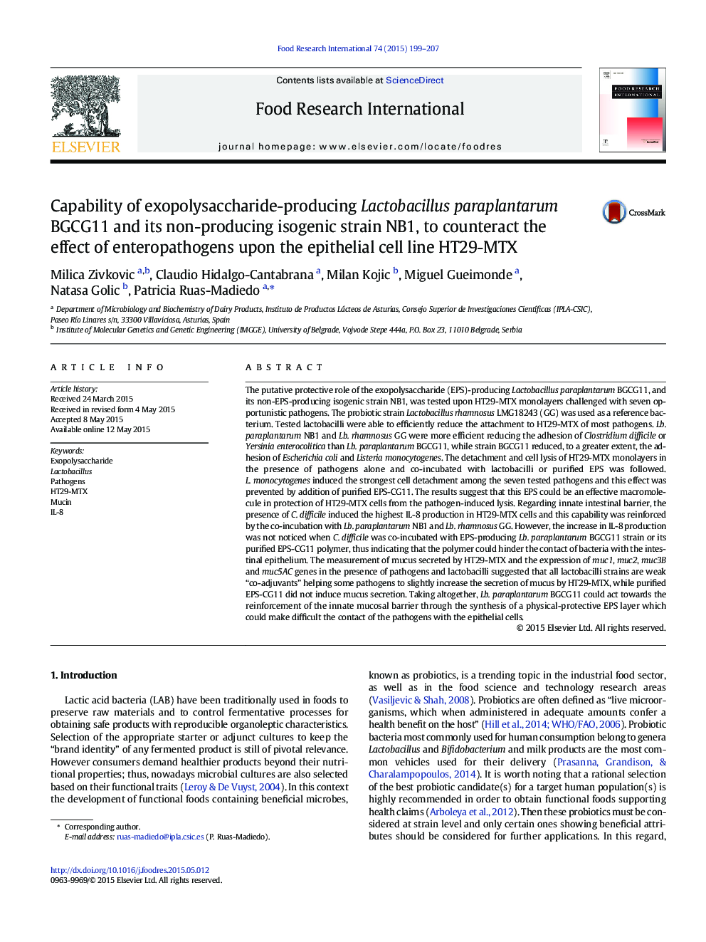 Capability of exopolysaccharide-producing Lactobacillus paraplantarum BGCG11 and its non-producing isogenic strain NB1, to counteract the effect of enteropathogens upon the epithelial cell line HT29-MTX