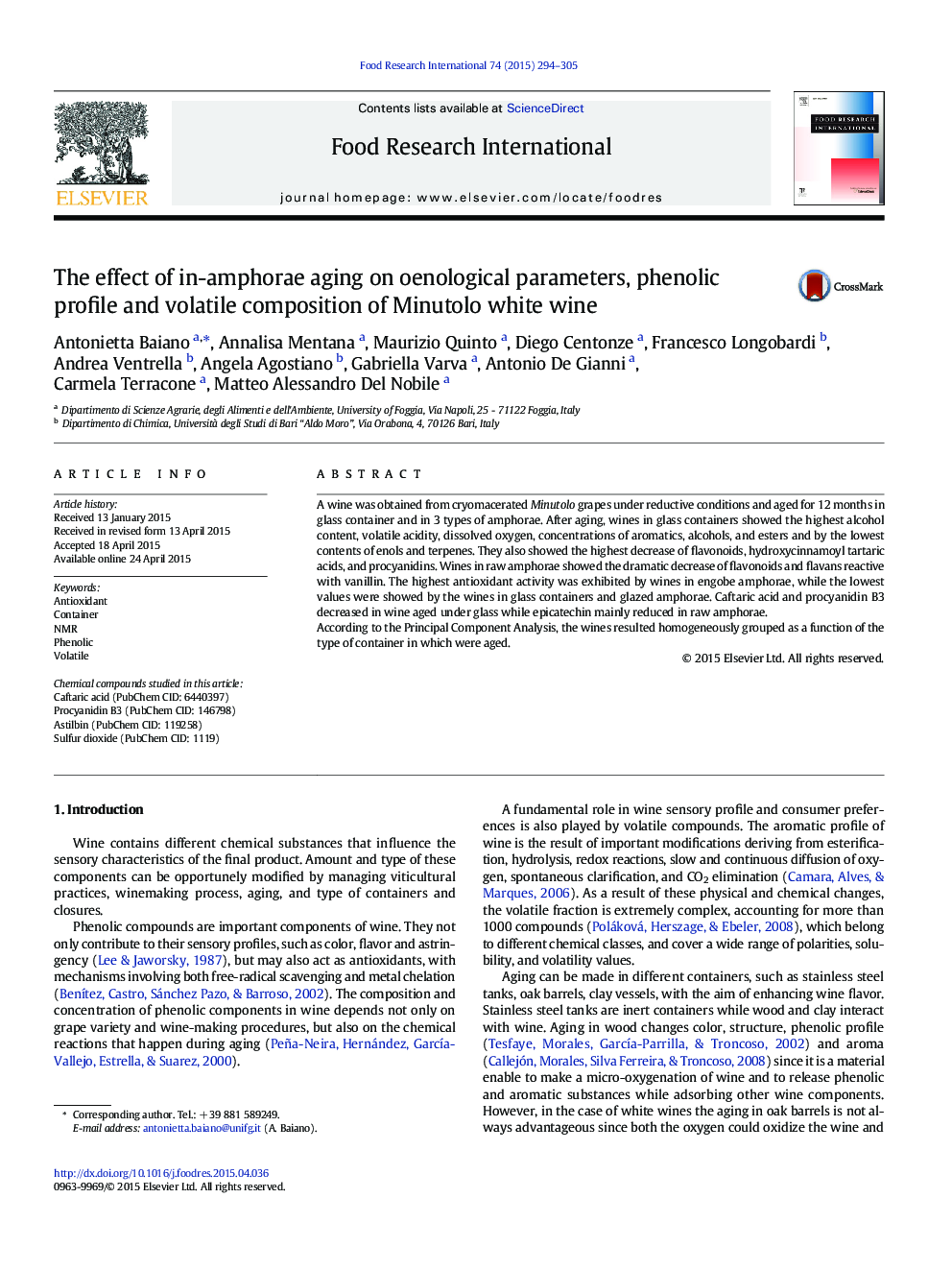 The effect of in-amphorae aging on oenological parameters, phenolic profile and volatile composition of Minutolo white wine