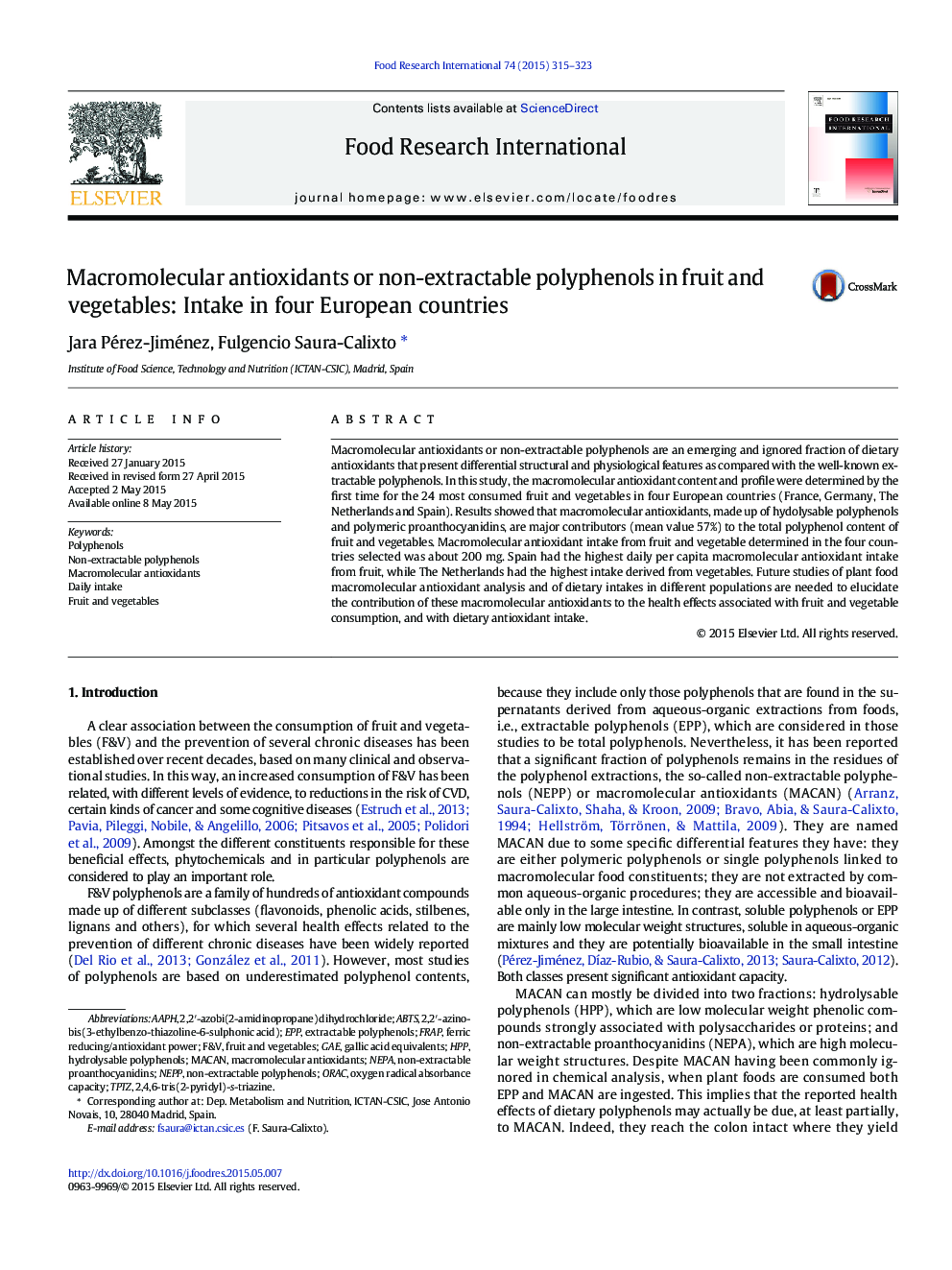Macromolecular antioxidants or non-extractable polyphenols in fruit and vegetables: Intake in four European countries