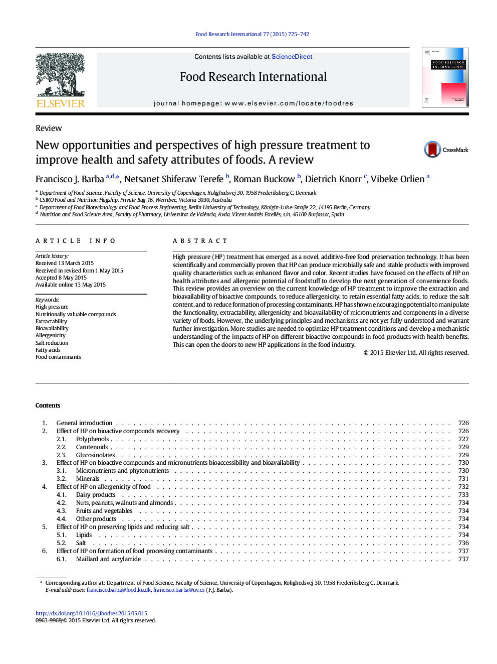 New opportunities and perspectives of high pressure treatment to improve health and safety attributes of foods. A review