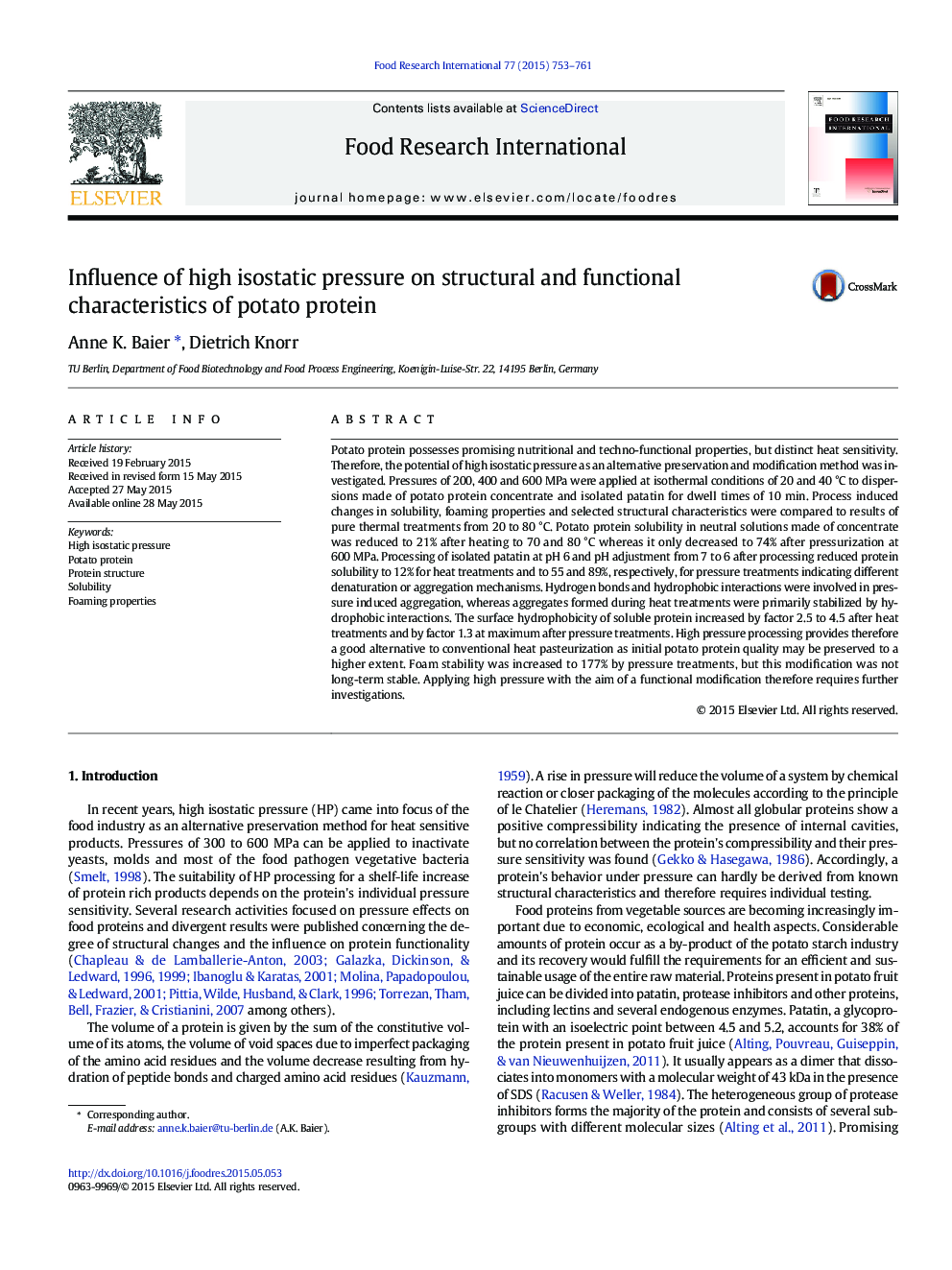 تأثیر فشار بالا ایزواستاتیک بر ویژگی های ساختاری و عملکردی پروتئین سیب زمینی 