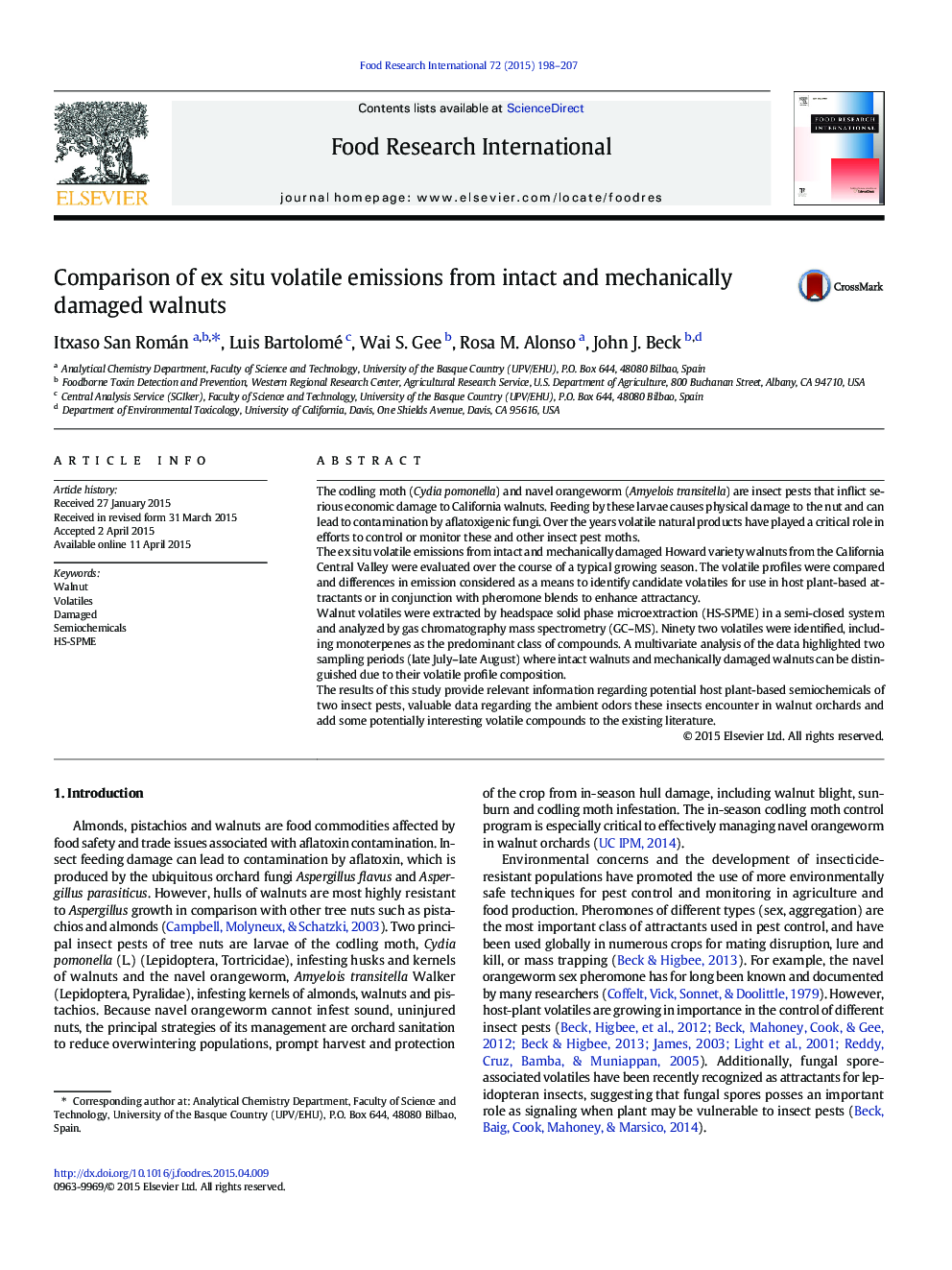 Comparison of ex situ volatile emissions from intact and mechanically damaged walnuts