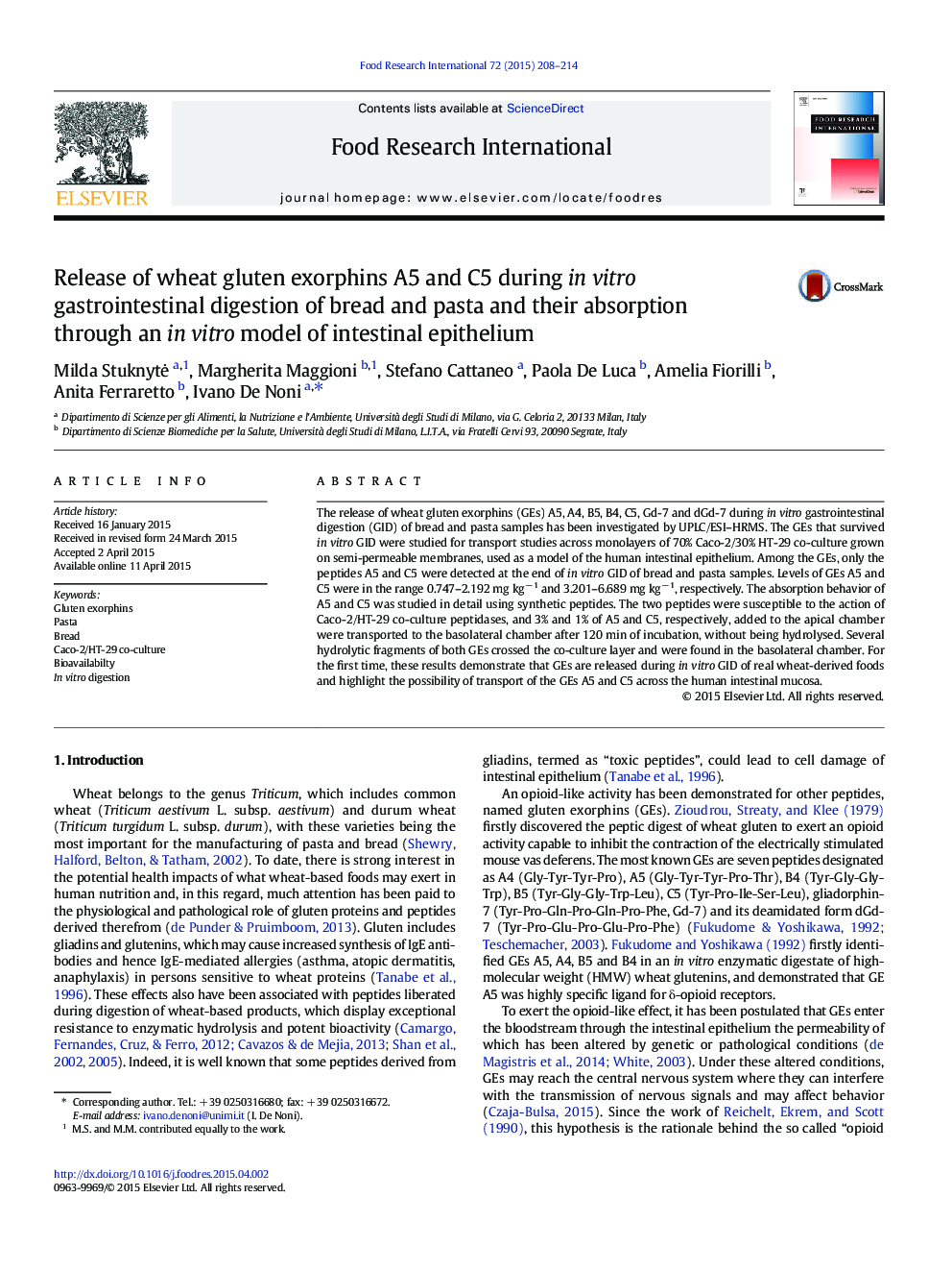 Release of wheat gluten exorphins A5 and C5 during in vitro gastrointestinal digestion of bread and pasta and their absorption through an in vitro model of intestinal epithelium