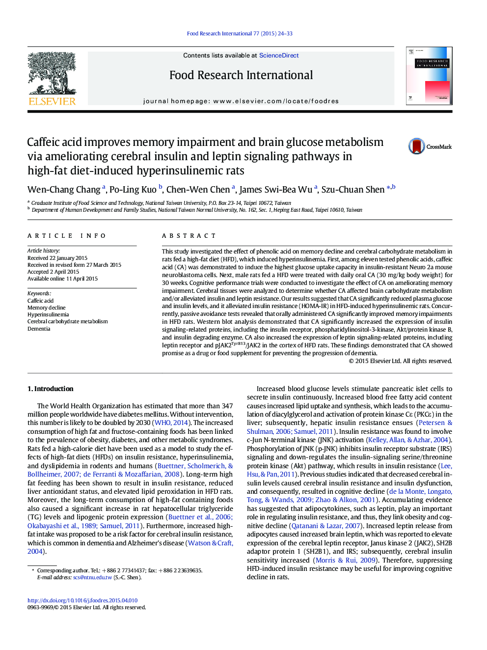 Caffeic acid improves memory impairment and brain glucose metabolism via ameliorating cerebral insulin and leptin signaling pathways in high-fat diet-induced hyperinsulinemic rats