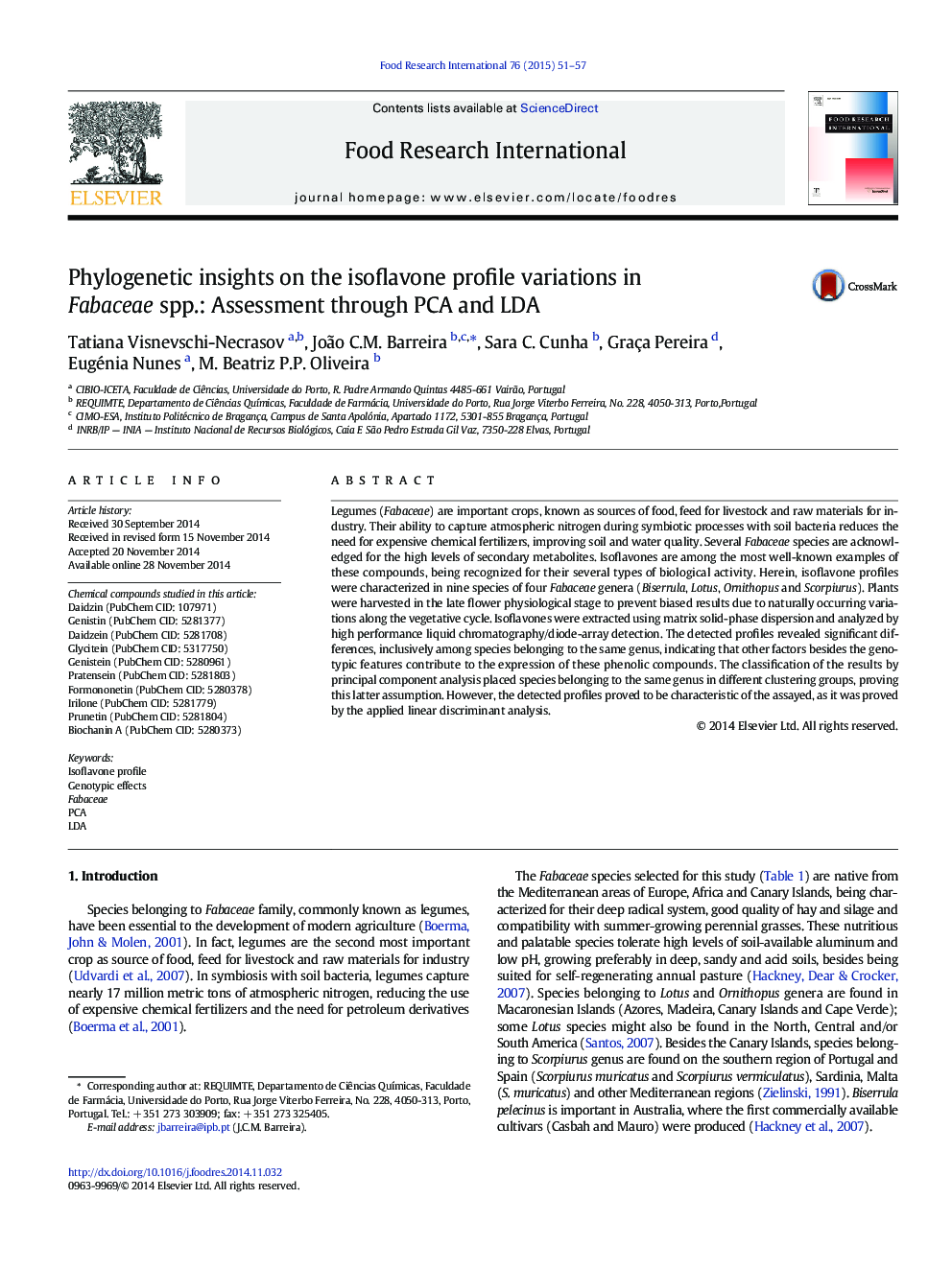 Phylogenetic insights on the isoflavone profile variations in Fabaceae spp.: Assessment through PCA and LDA