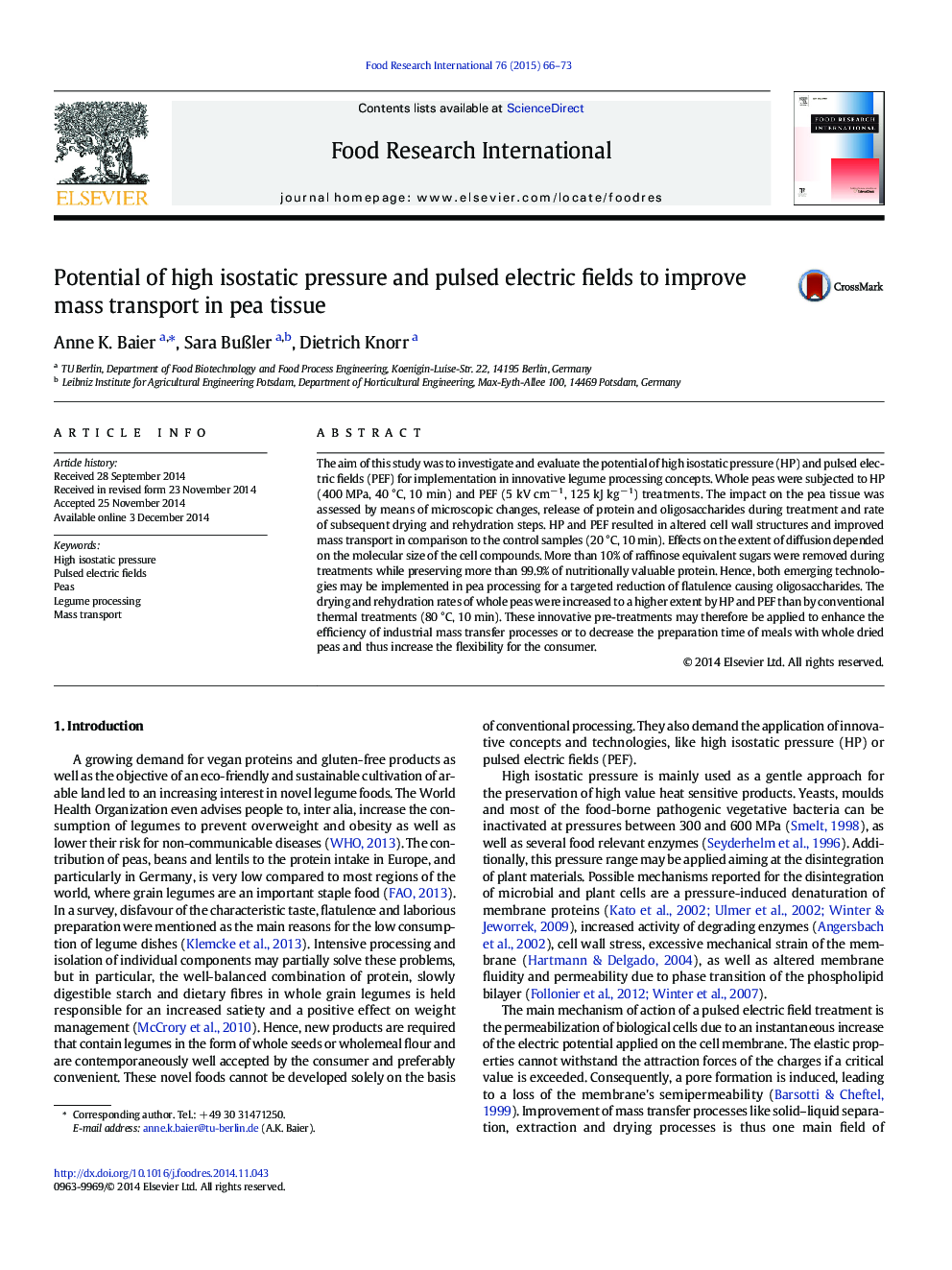 Potential of high isostatic pressure and pulsed electric fields to improve mass transport in pea tissue