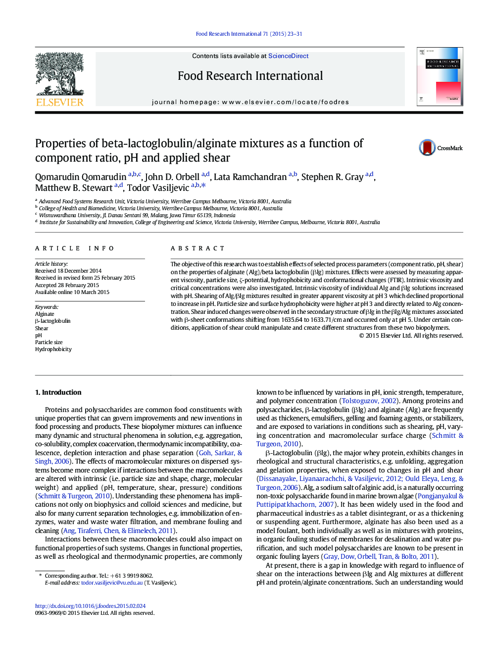 Properties of beta-lactoglobulin/alginate mixtures as a function of component ratio, pH and applied shear