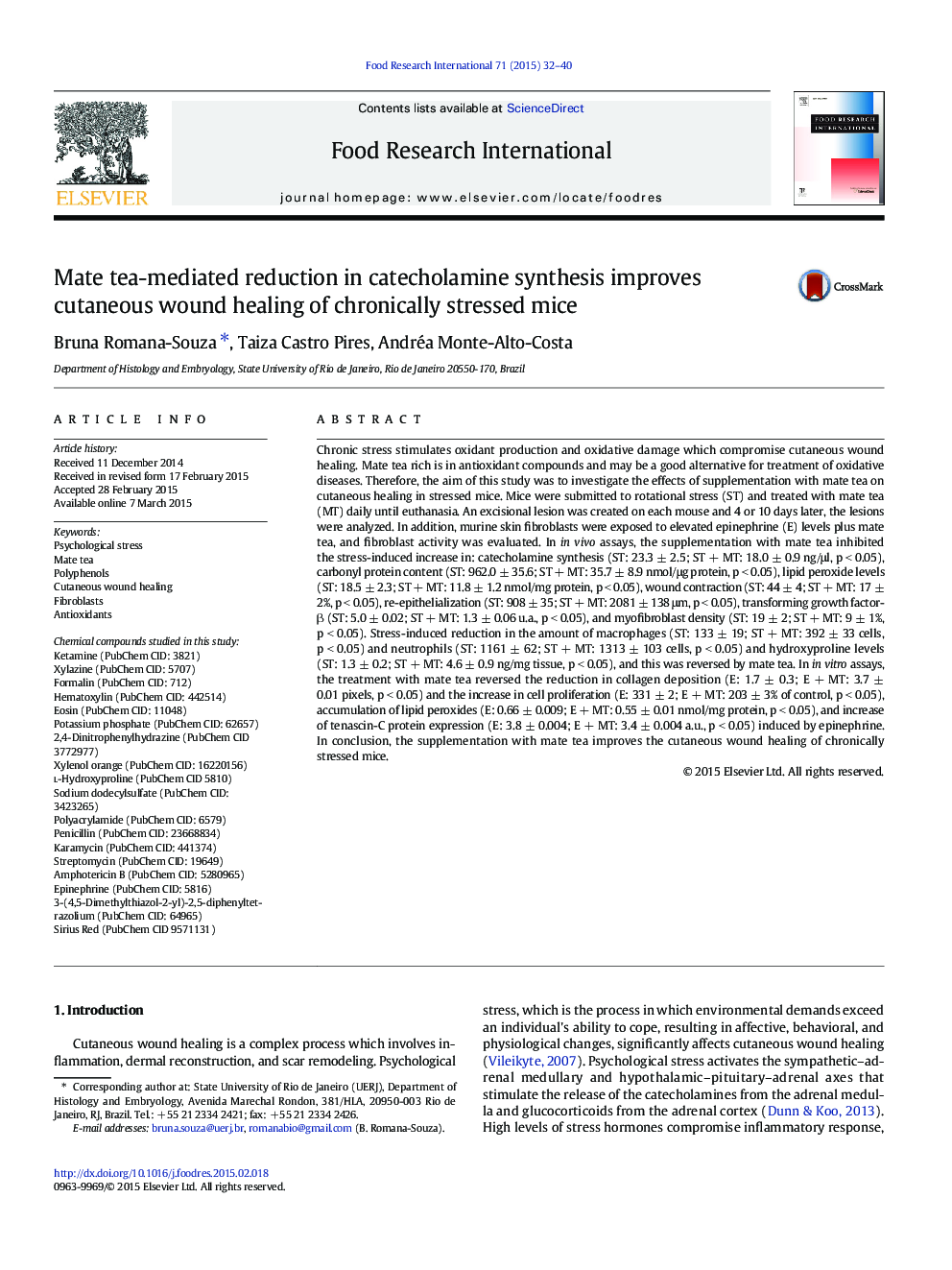 Mate tea-mediated reduction in catecholamine synthesis improves cutaneous wound healing of chronically stressed mice