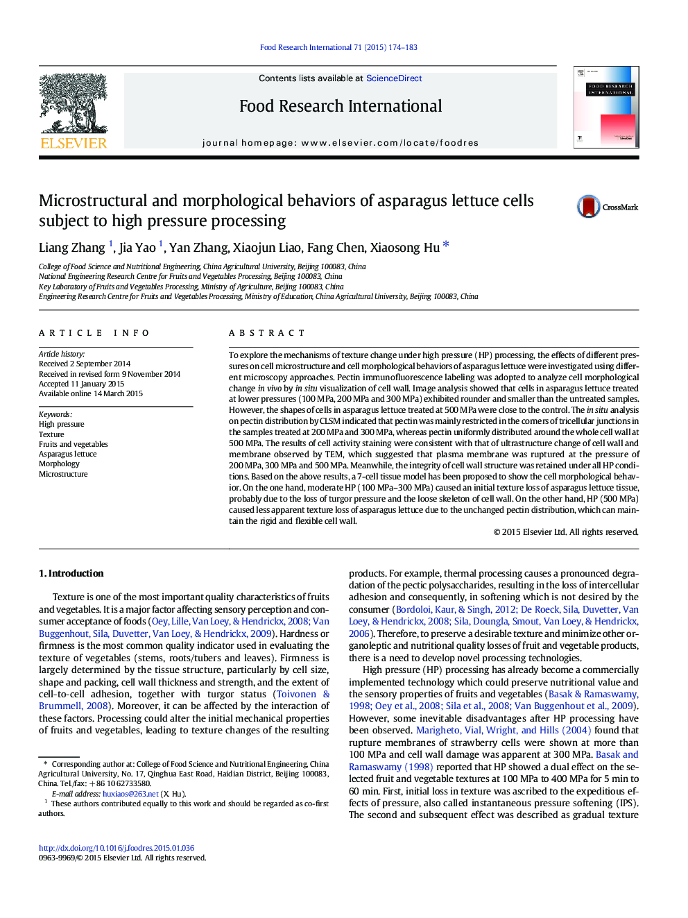 Microstructural and morphological behaviors of asparagus lettuce cells subject to high pressure processing