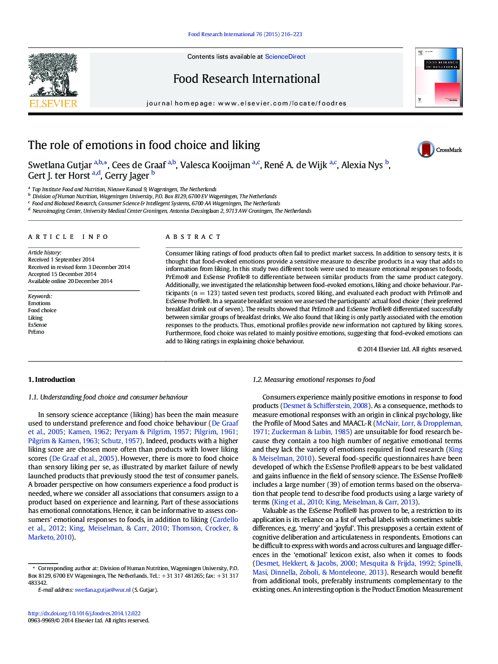 The role of emotions in food choice and liking