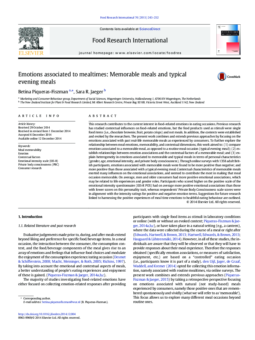 Emotions associated to mealtimes: Memorable meals and typical evening meals