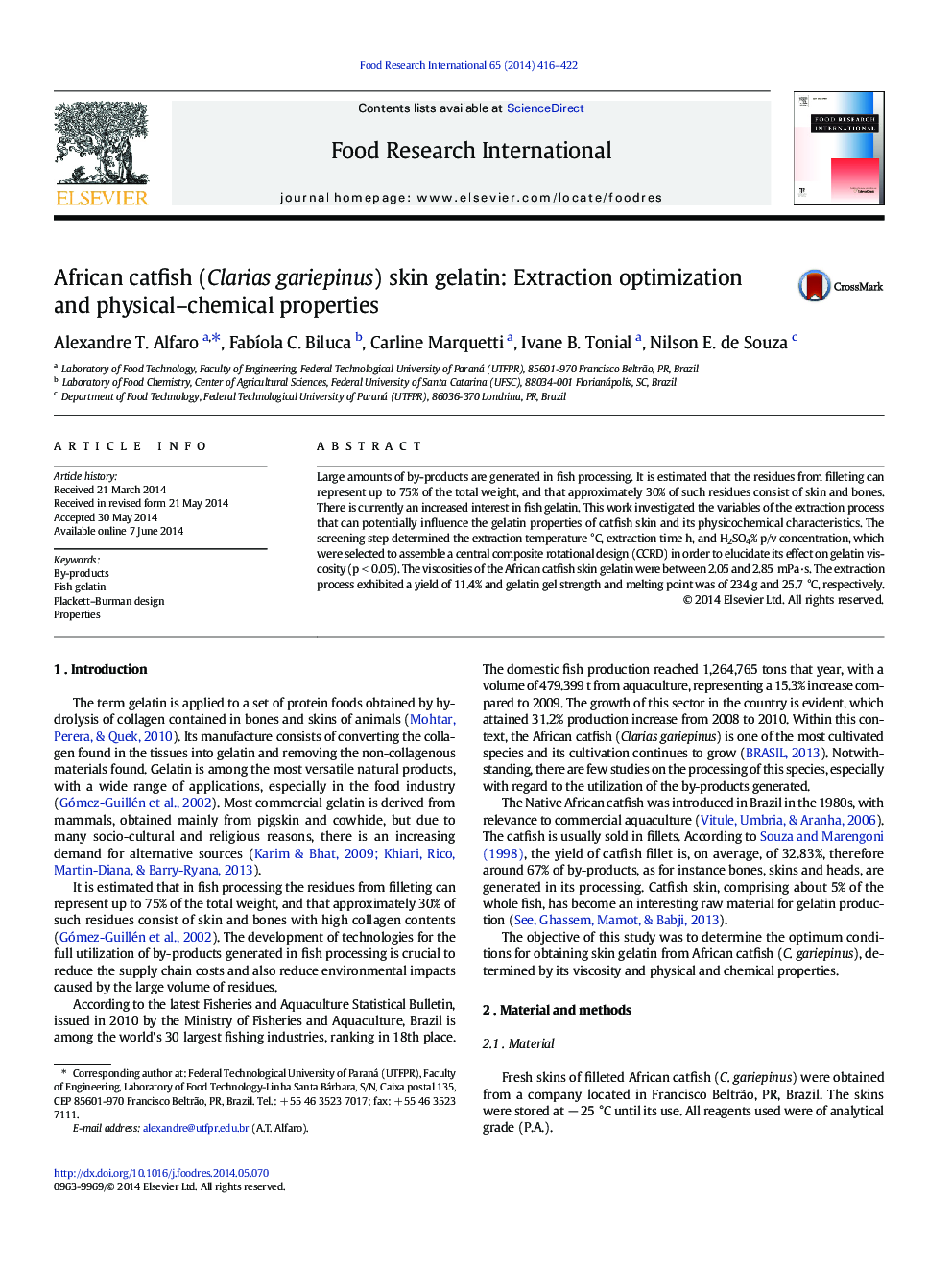 African catfish (Clarias gariepinus) skin gelatin: Extraction optimization and physical–chemical properties