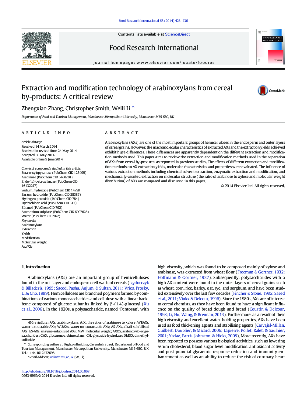 Extraction and modification technology of arabinoxylans from cereal by-products: A critical review