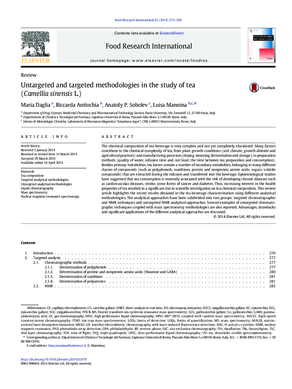 Untargeted and targeted methodologies in the study of tea (Camellia sinensis L.)