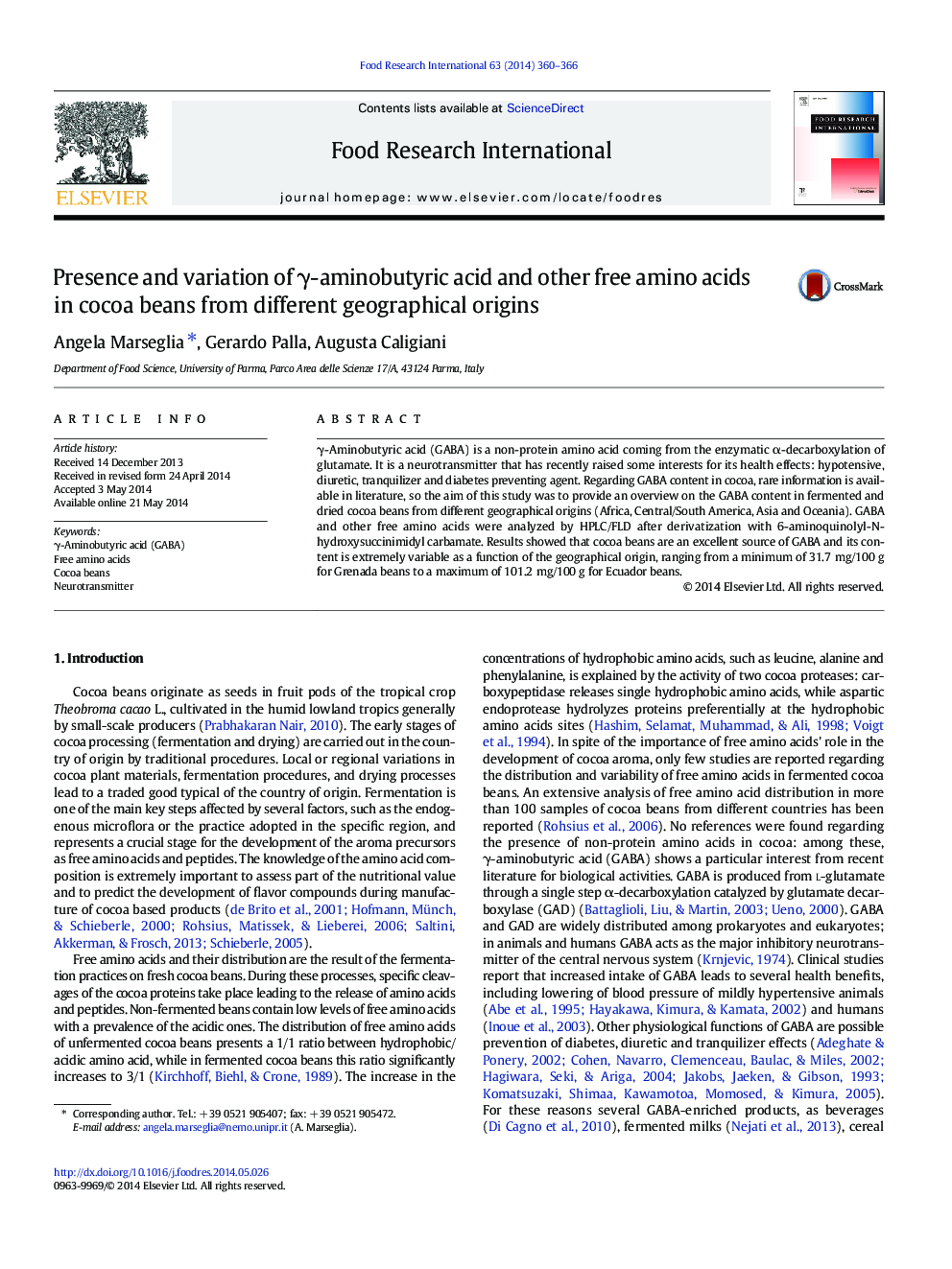 Presence and variation of γ-aminobutyric acid and other free amino acids in cocoa beans from different geographical origins