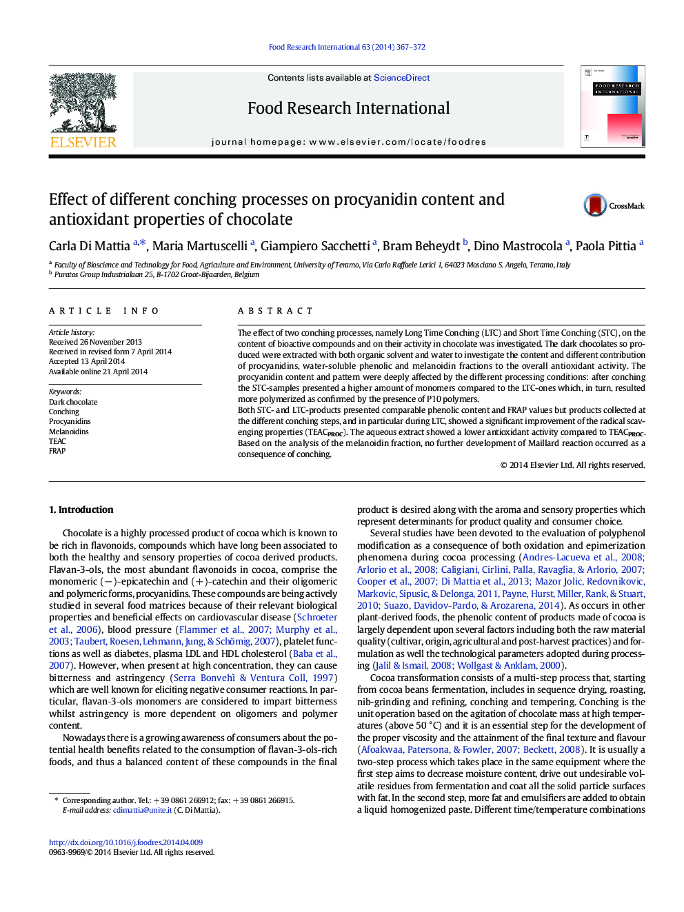 Effect of different conching processes on procyanidin content and antioxidant properties of chocolate