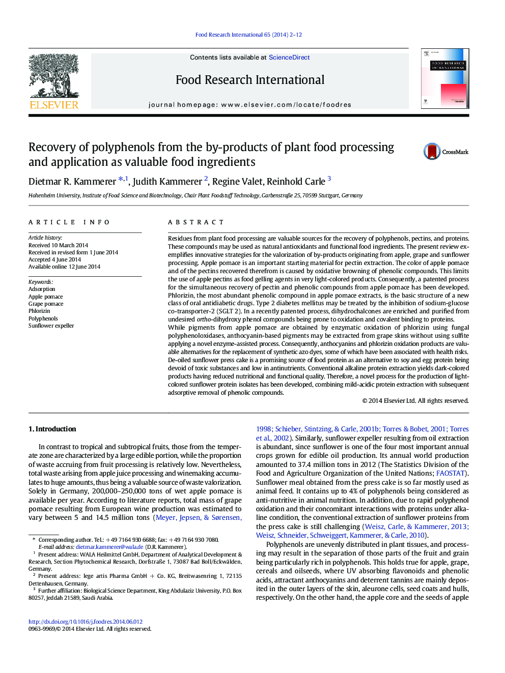 Recovery of polyphenols from the by-products of plant food processing and application as valuable food ingredients