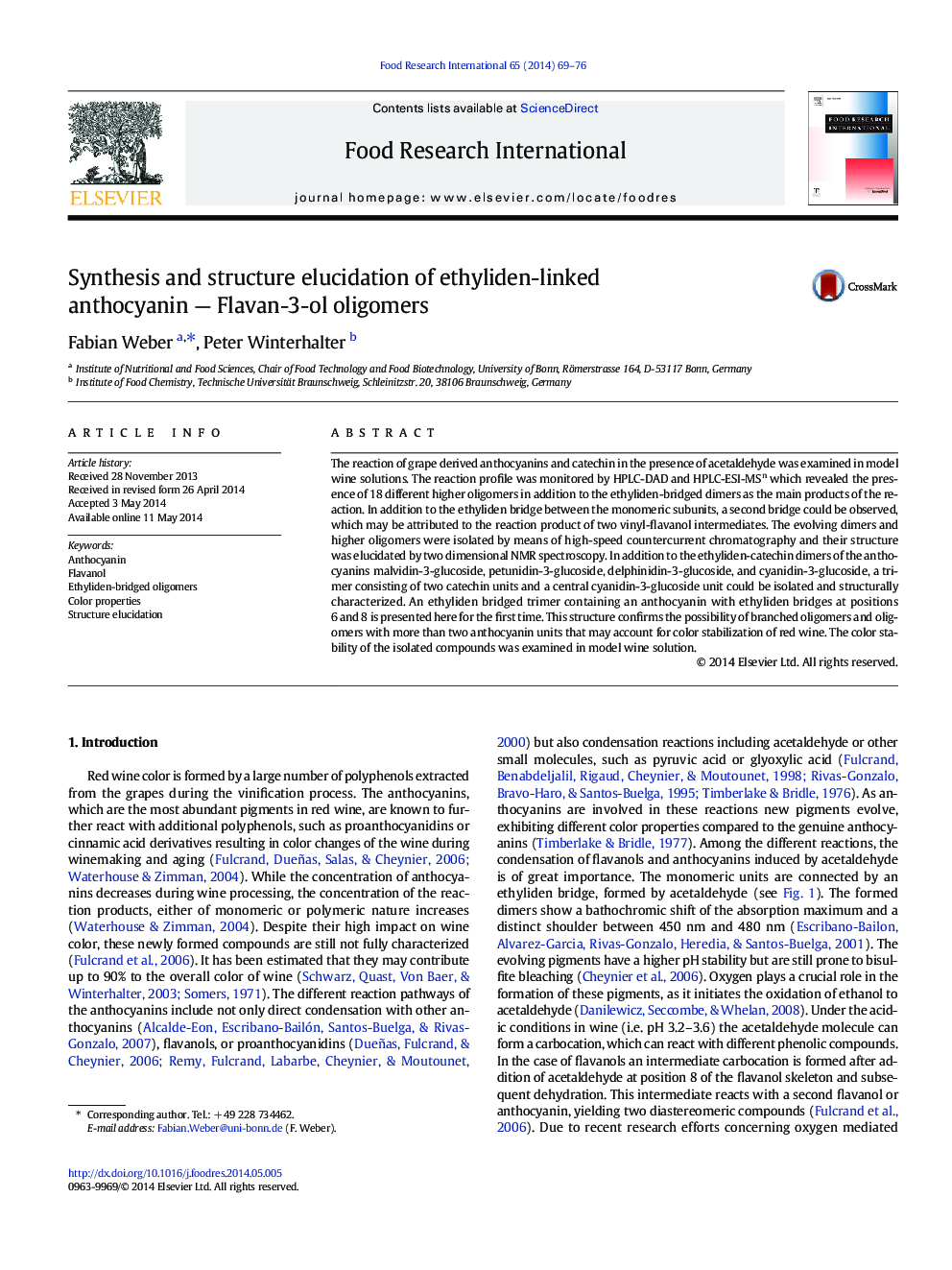 Synthesis and structure elucidation of ethyliden-linked anthocyanin — Flavan-3-ol oligomers