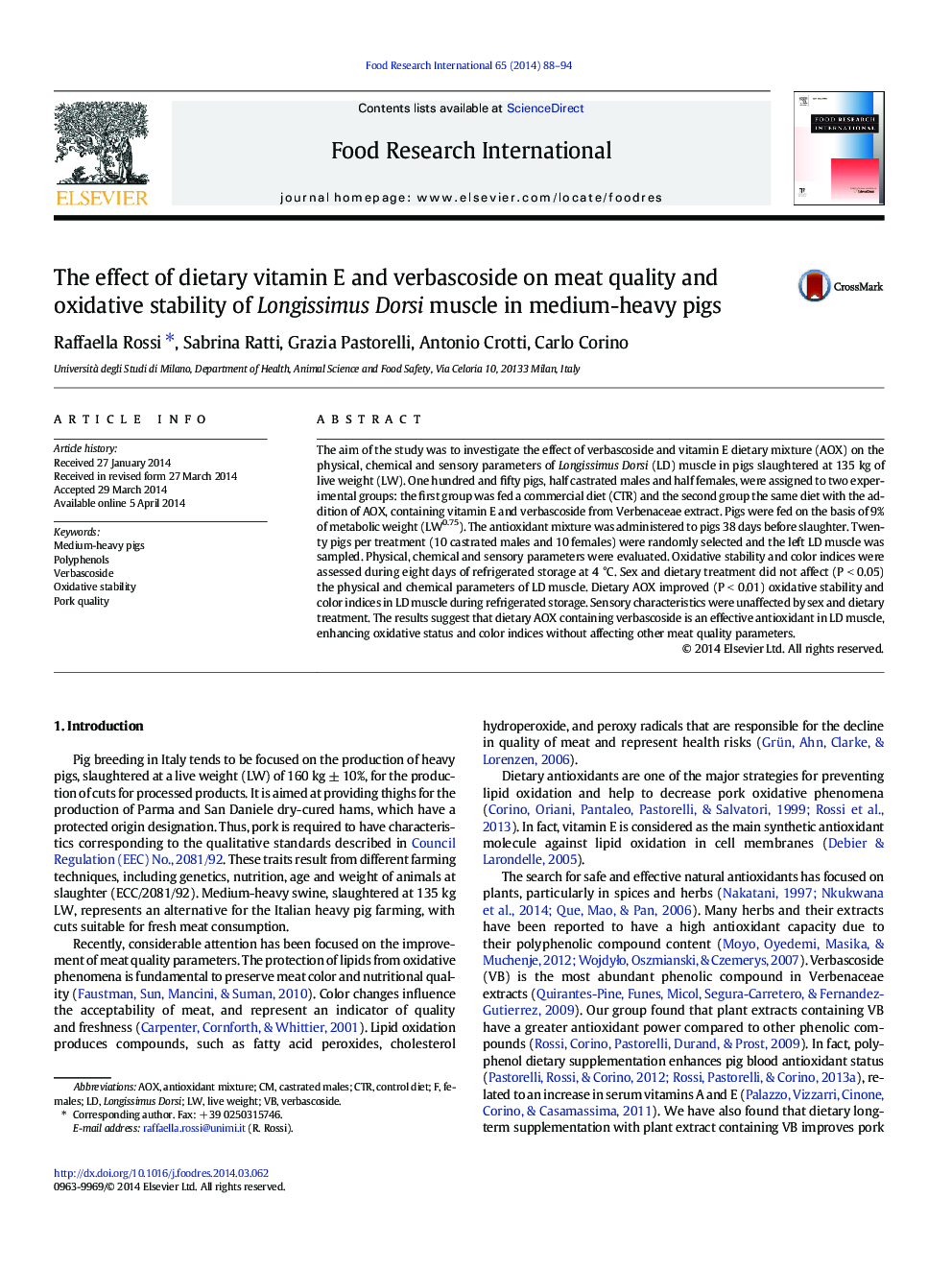 The effect of dietary vitamin E and verbascoside on meat quality and oxidative stability of Longissimus Dorsi muscle in medium-heavy pigs