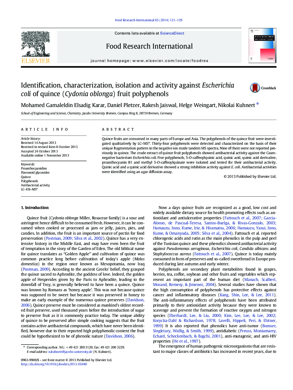 Identification, characterization, isolation and activity against Escherichia coli of quince (Cydonia oblonga) fruit polyphenols