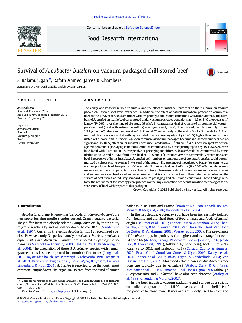 Survival of Arcobacter butzleri on vacuum packaged chill stored beef