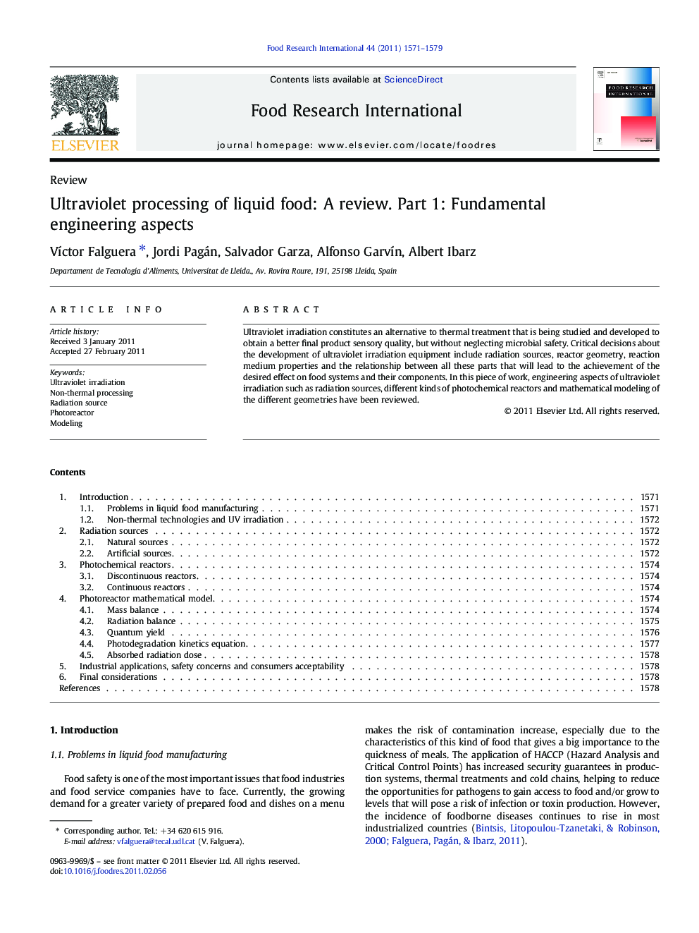 Ultraviolet processing of liquid food: A review. Part 1: Fundamental engineering aspects