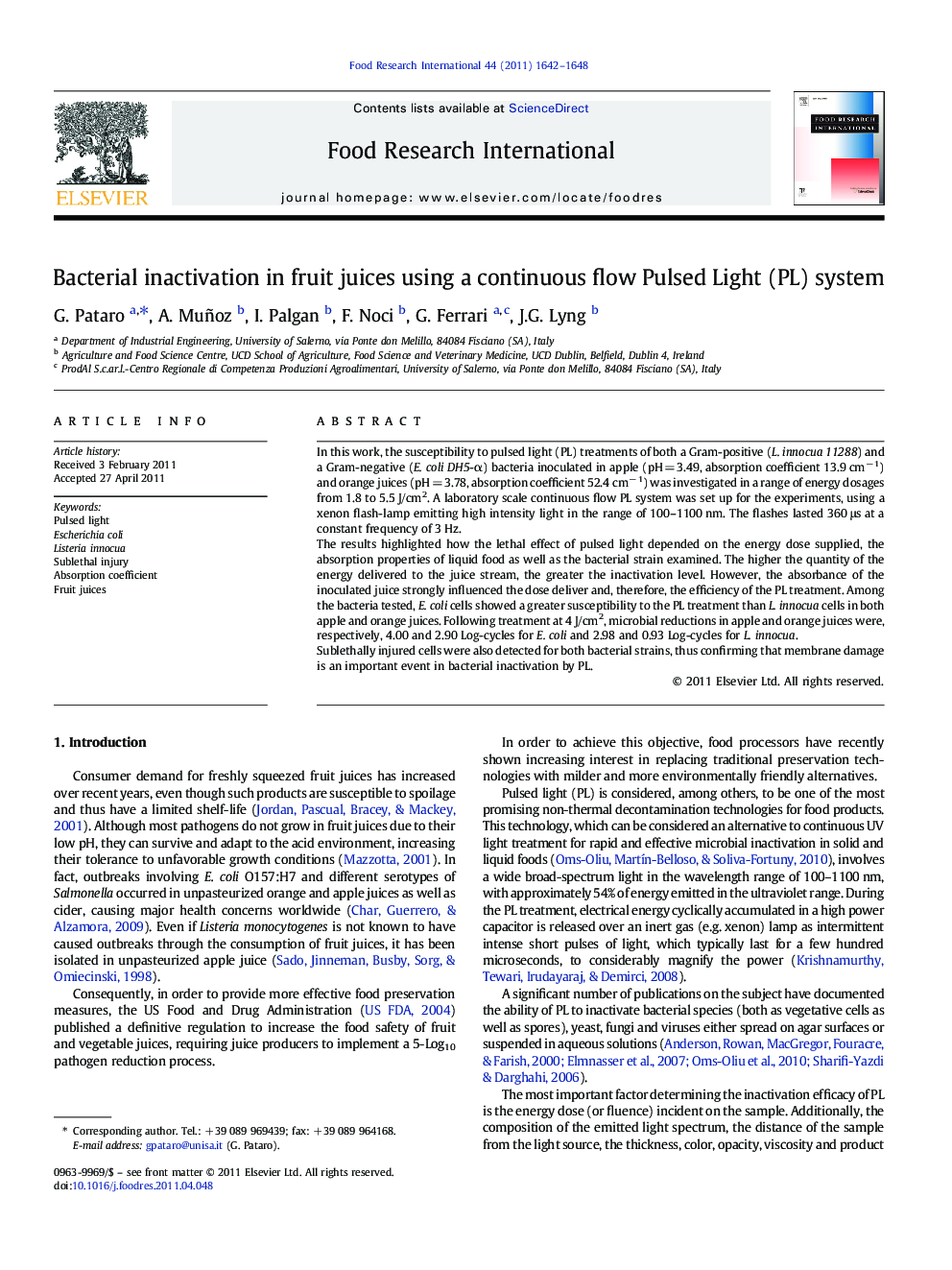 Bacterial inactivation in fruit juices using a continuous flow Pulsed Light (PL) system